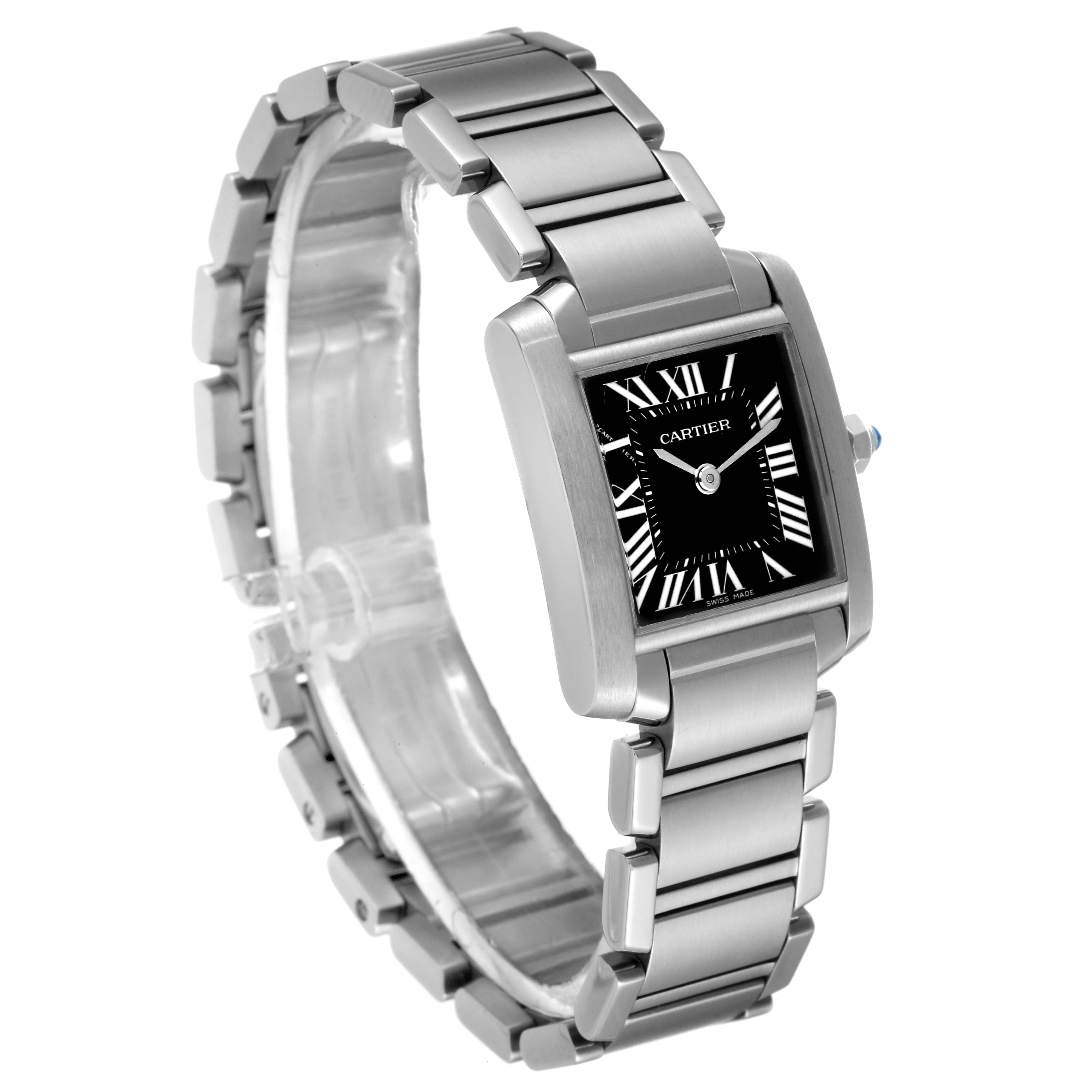The Tank Francaise by Cartier is shown at an oblique angle, highlighting its square face, black dial, Roman numerals, and stainless steel bracelet.