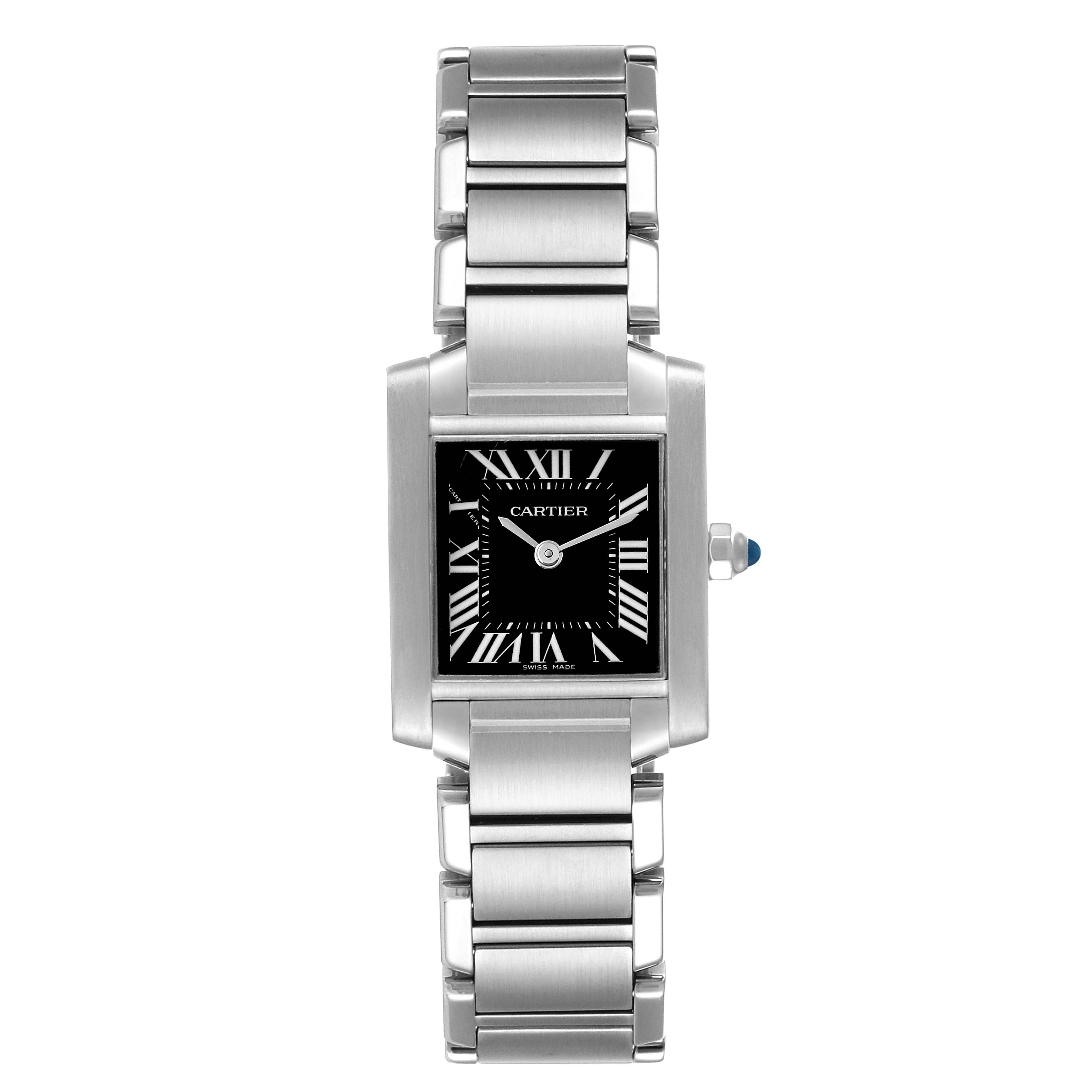 The image shows a Cartier Tank Francaise W51026Q3 Women's Stainless Steel Black Dial W51026Q3 Women's Stainless Steel Black Dial watch from a top-down angle, highlighting its face and metal bracelet.