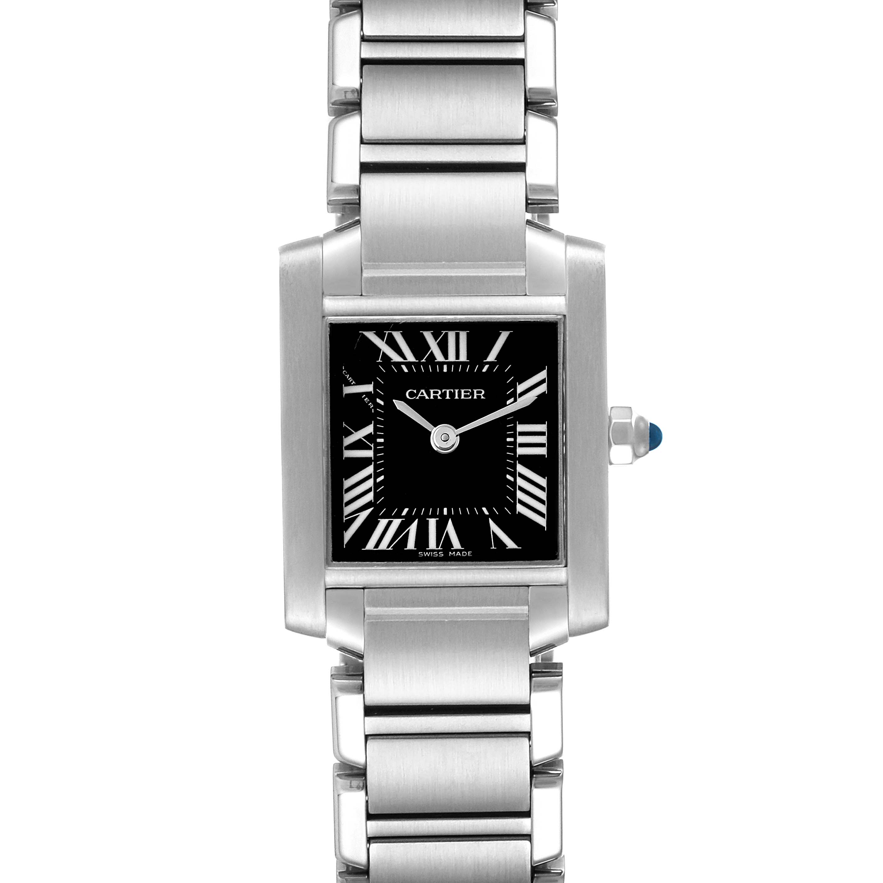 The image shows a front view of a Tank Française model by Cartier, highlighting the rectangular face and stainless steel bracelet.