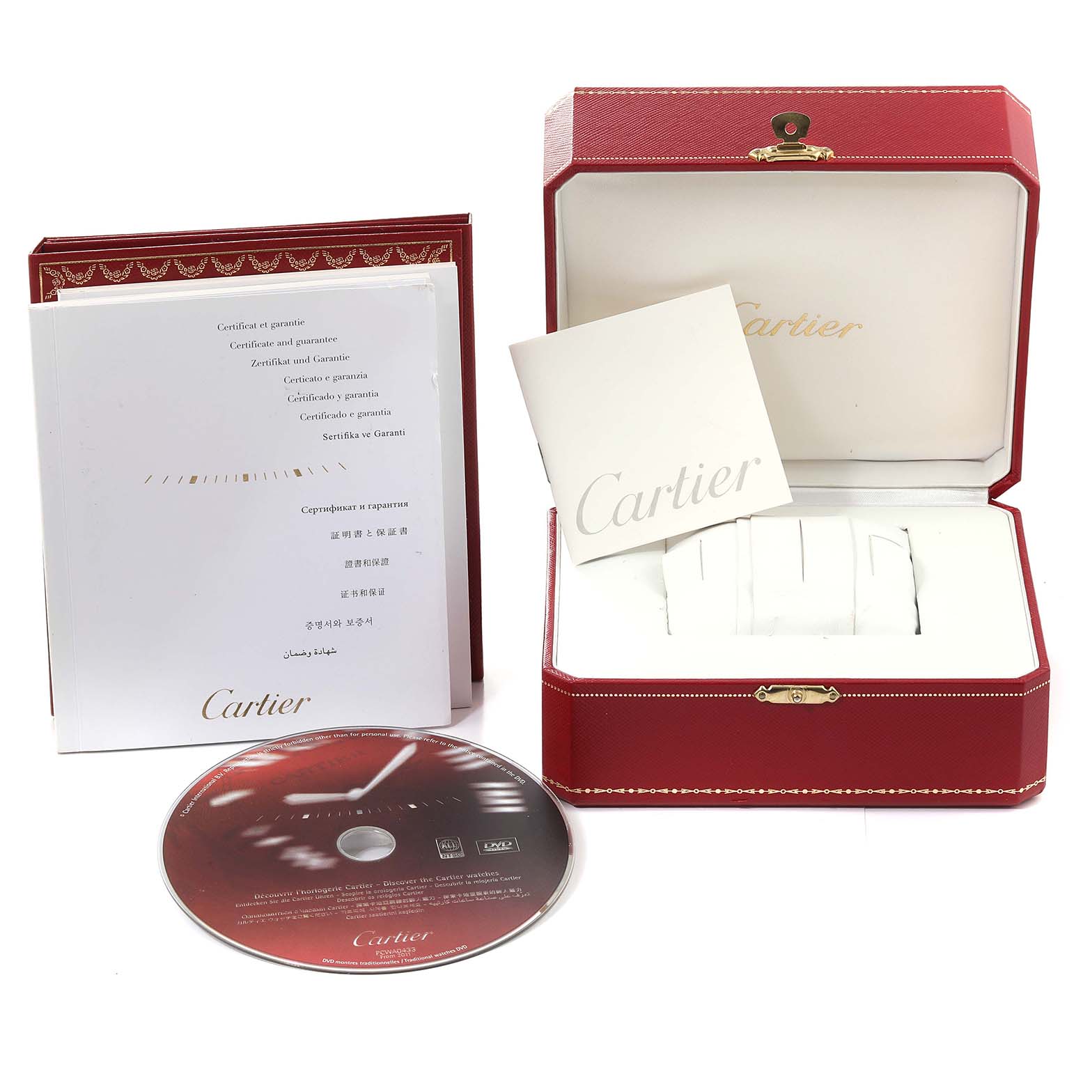 The image shows a Cartier Tank Francaise W51002Q3 Men
s Stainless Steel Silver Dial W51002Q3 Men
s Stainless Steel Silver Dial watch
s accessories, including a red case, a manual, a warranty card, and a CD.