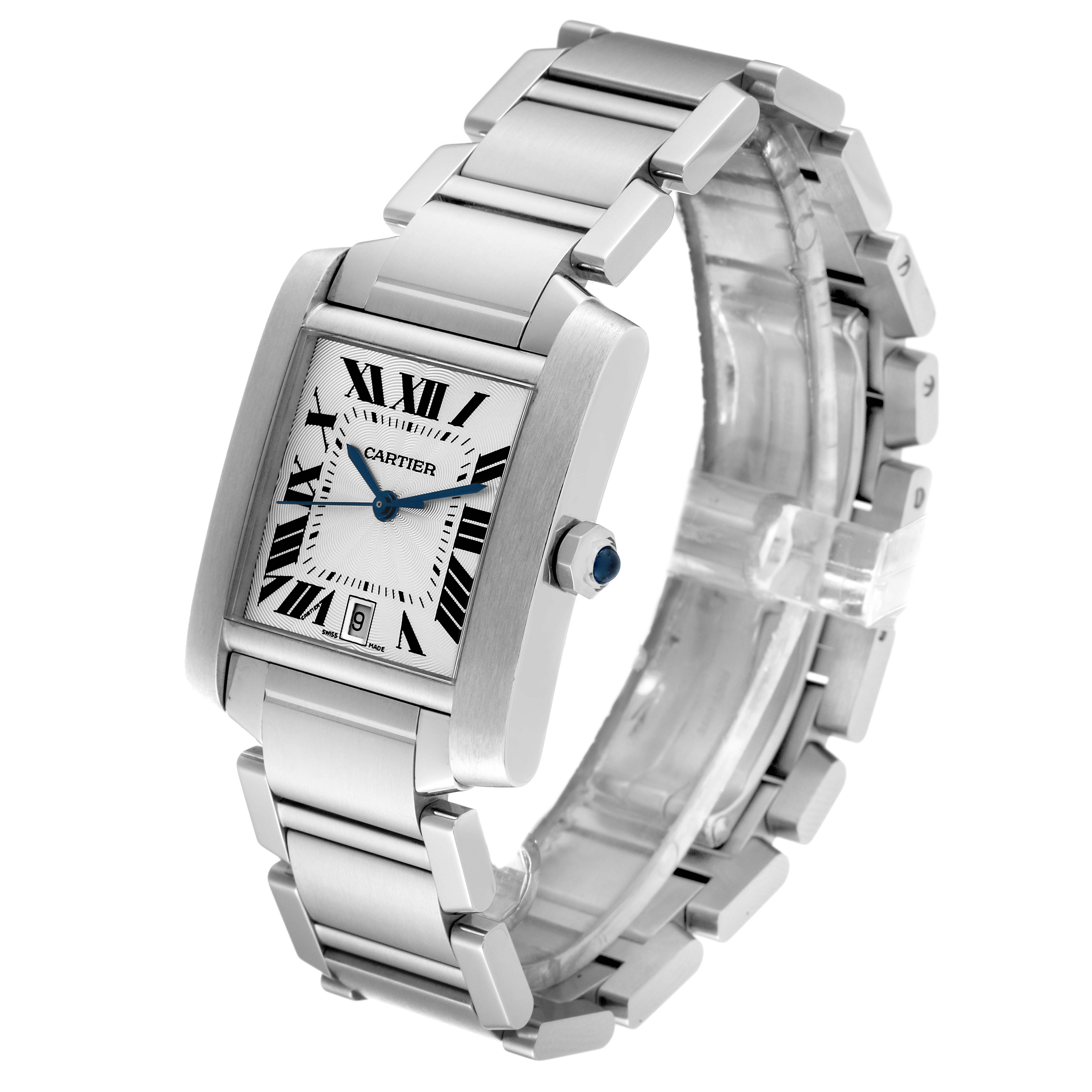 The image shows a Cartier Tank Française watch at a three-quarter angle, displaying its face, bezel, crown, and metal bracelet.