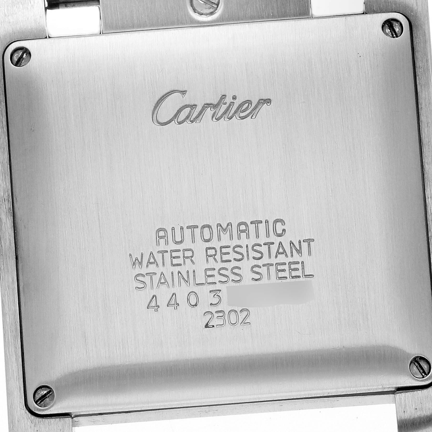 The image shows the back case of a Cartier Tank Française watch, highlighting its specifications.