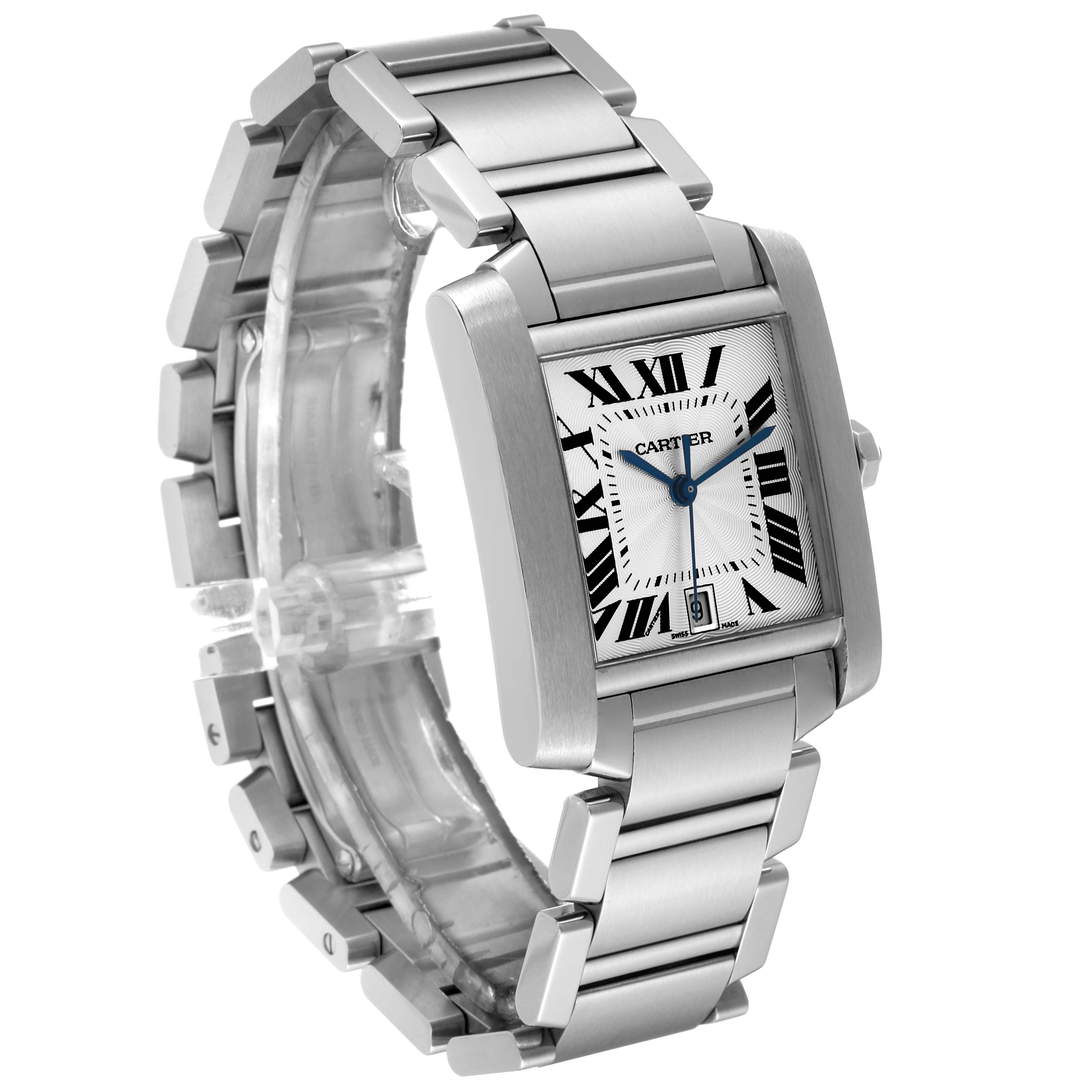 This image shows a Cartier Tank Française watch from a tilted angle, displaying the bracelet, dial, and crown.