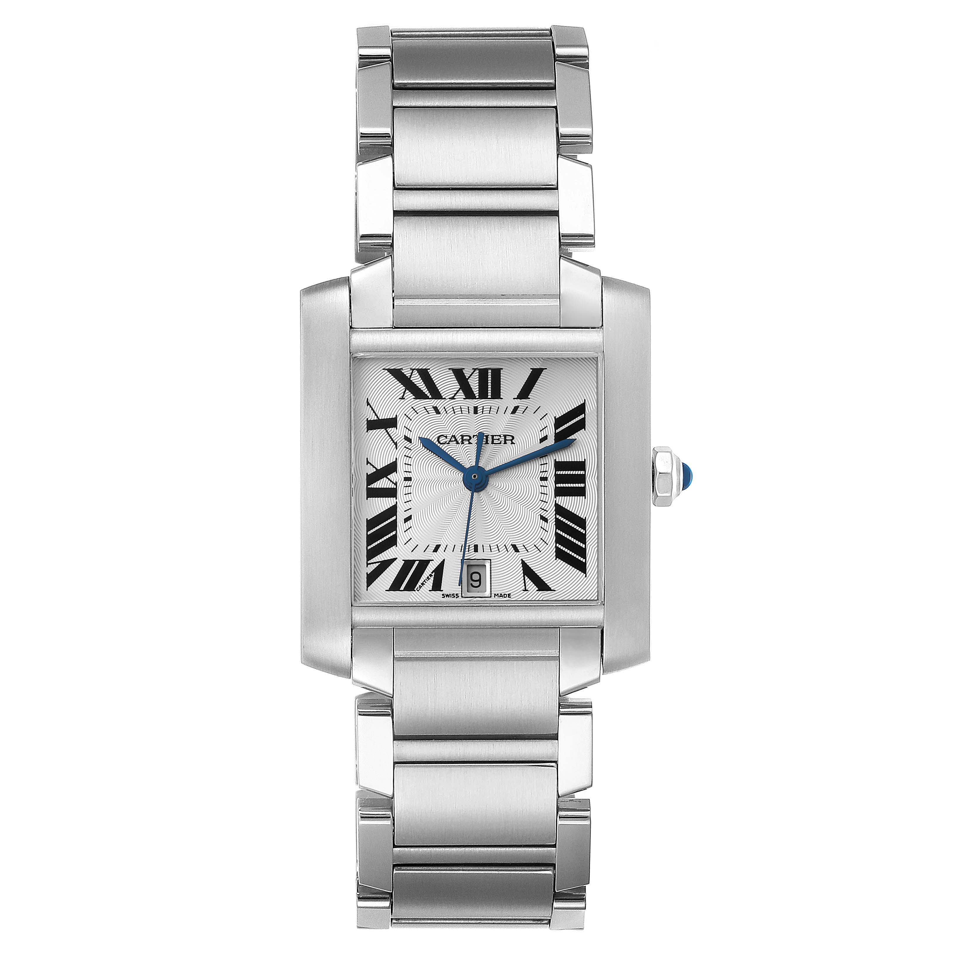 This image shows a full-frontal view of the Cartier Tank Française wristwatch, displaying the face, bracelet, and crown.