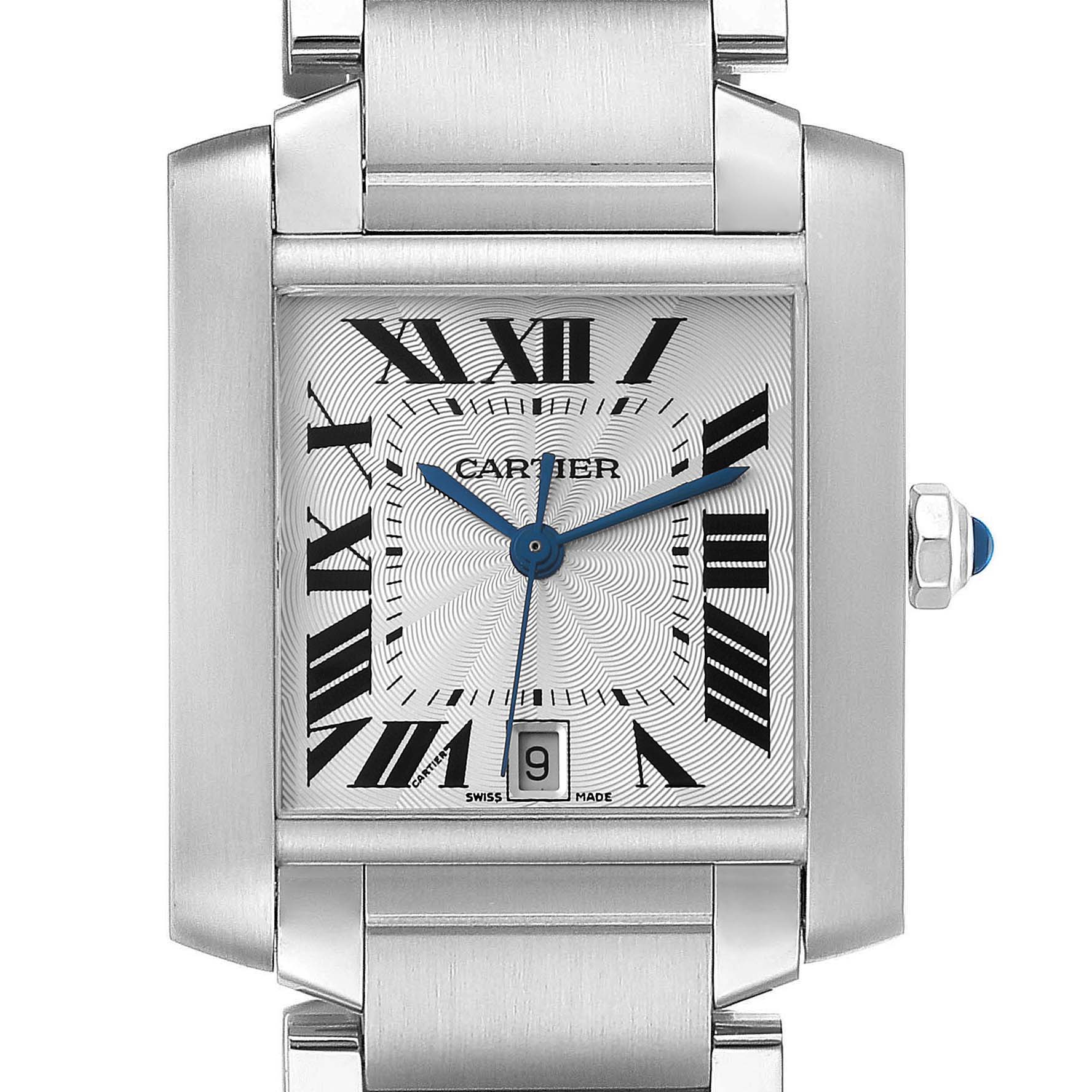 This image shows a front view of the Tank Francaise model by Cartier, highlighting the dial, hands, case, crown, and part of the bracelet.