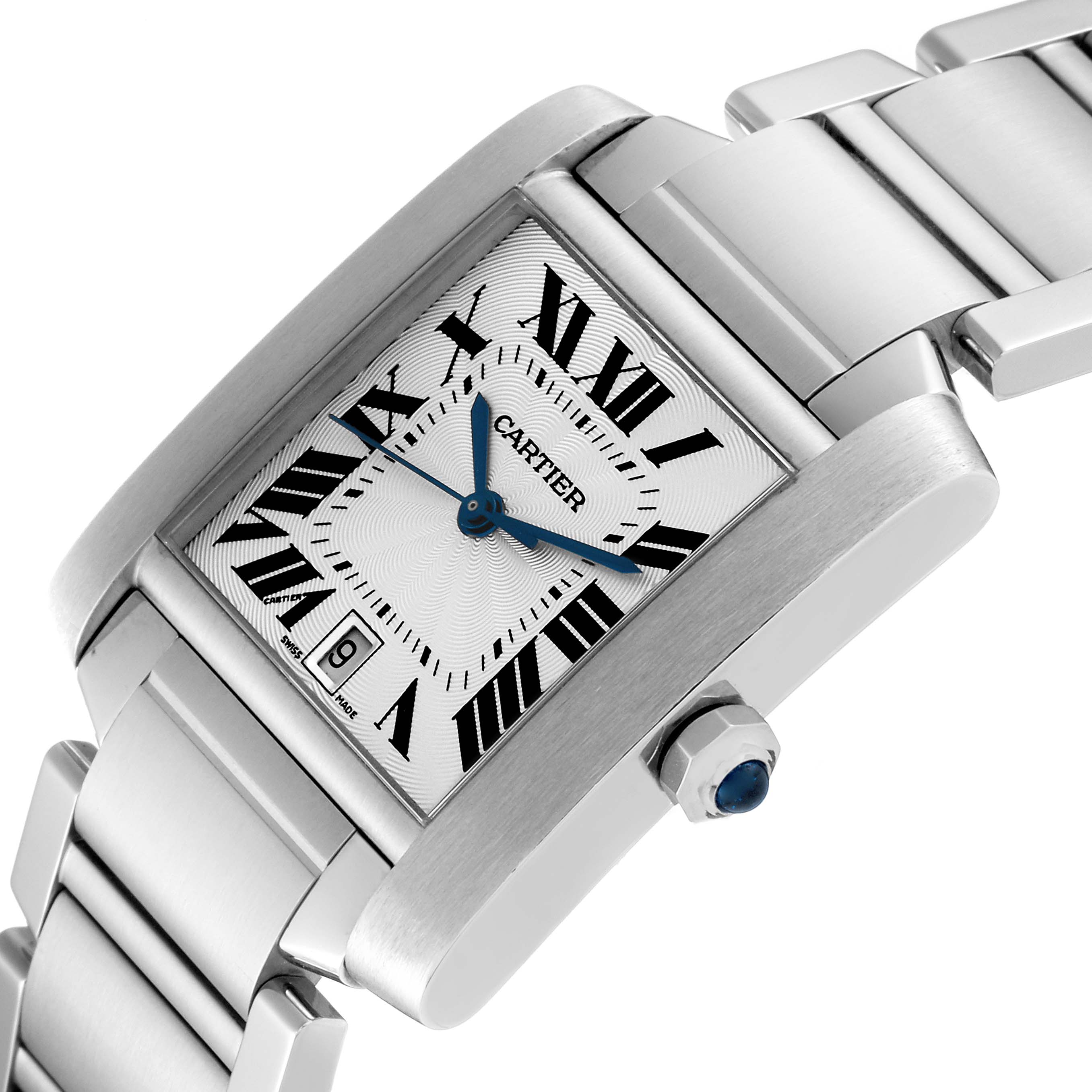 The image shows a close-up angle of the Cartier Tank Francaise W51002Q3 Men
s Stainless Steel Silver Dial W51002Q3 Men
s Stainless Steel Silver Dial watch, highlighting the face, bracelet, and crown.