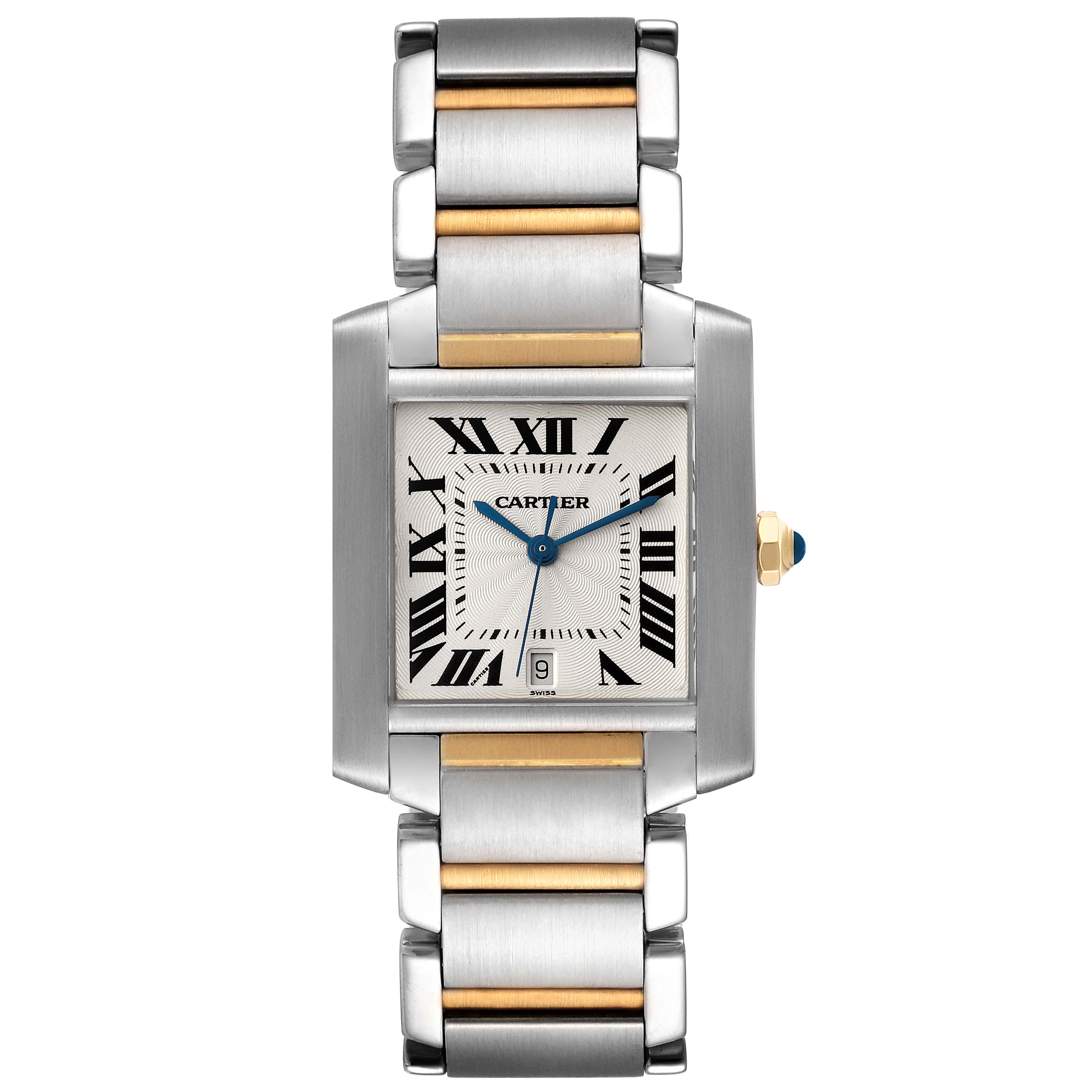 The image shows a front view of the Cartier Tank Francaise W51005Q4 Men's Steel and Gold (two tone) Silver Dial W51005Q4 Men's Steel and Gold (two tone) Silver Dial watch, featuring its rectangular dial and two-tone metal bracelet.