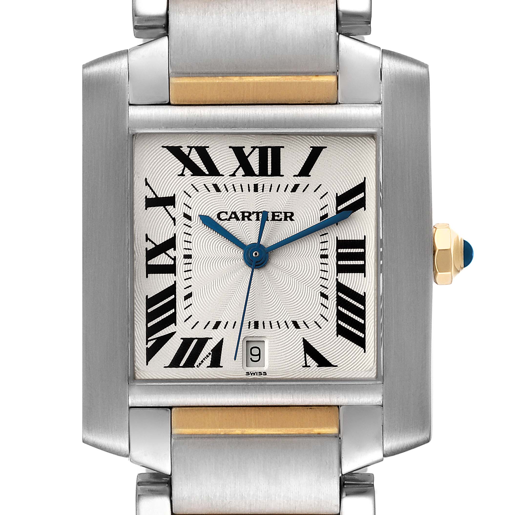 The image shows a close-up, front view of the Cartier Tank Francaise W51005Q4 Men's Steel and Gold (two tone) Silver Dial W51005Q4 Men's Steel and Gold (two tone) Silver Dial watch face and part of its bracelet.