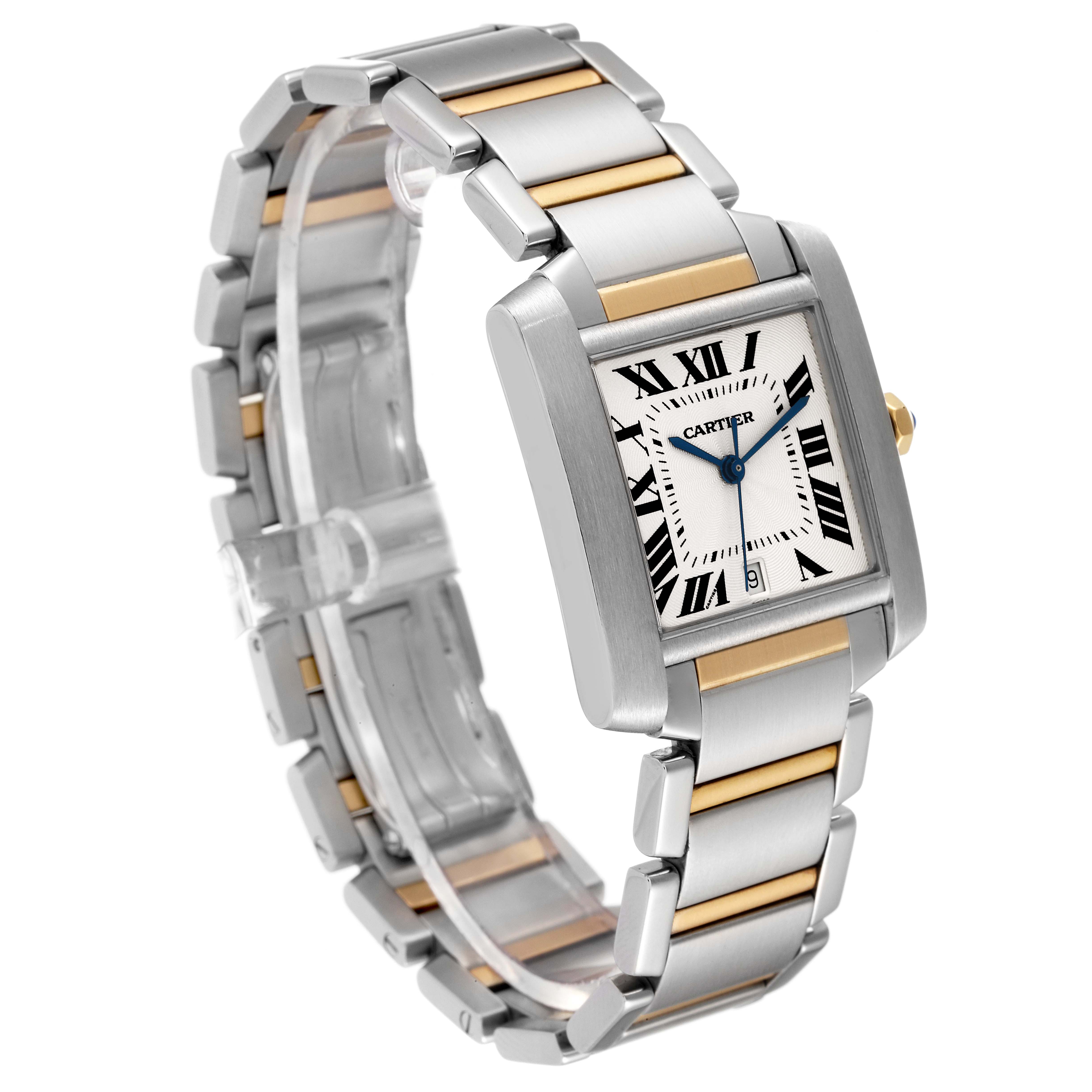 The image shows a Cartier Tank Francaise W51005Q4 Men's Steel and Gold (two tone) Silver Dial W51005Q4 Men's Steel and Gold (two tone) Silver Dial watch from an angled side view, highlighting the dial, bracelet, and clasp.