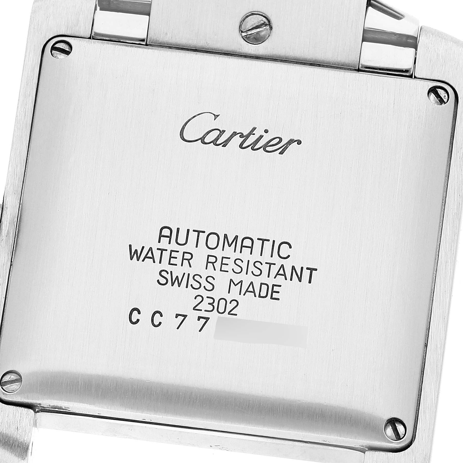 This image shows the back case of a Cartier Tank Française watch, highlighting the inscriptions and screws.