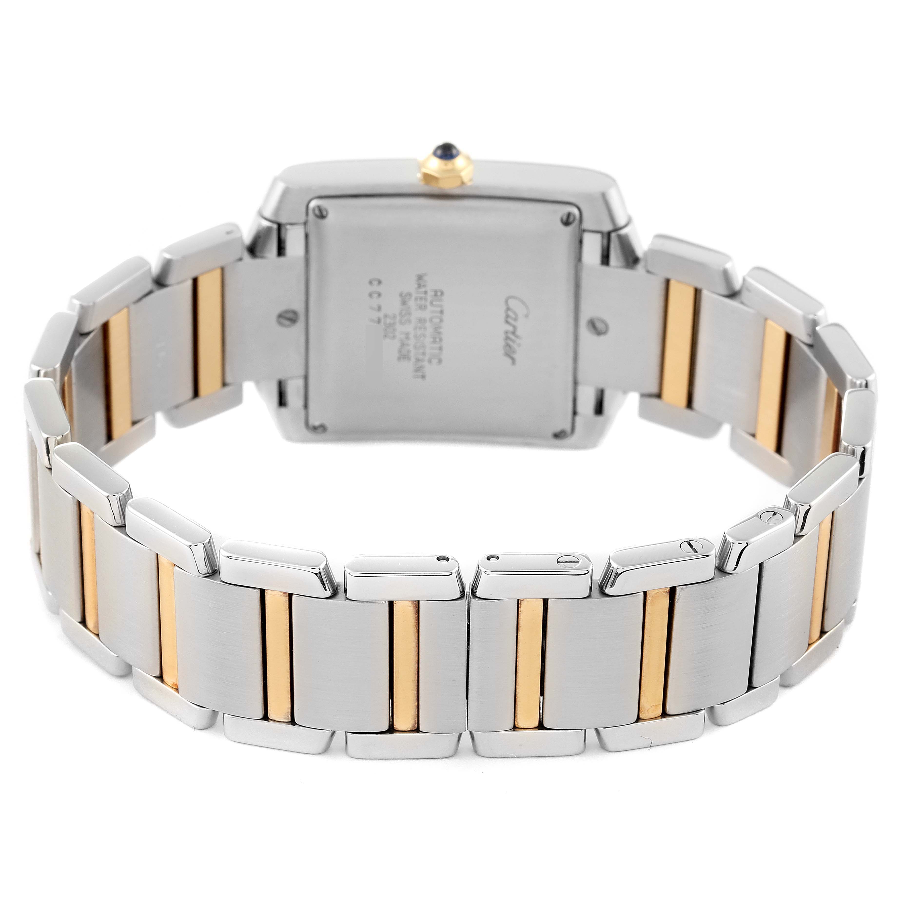 The image shows the back and bracelet of the Cartier Tank Francaise W51005Q4 Men's Steel and Gold (two tone) Silver Dial W51005Q4 Men's Steel and Gold (two tone) Silver Dial watch in a two-tone metal design.
