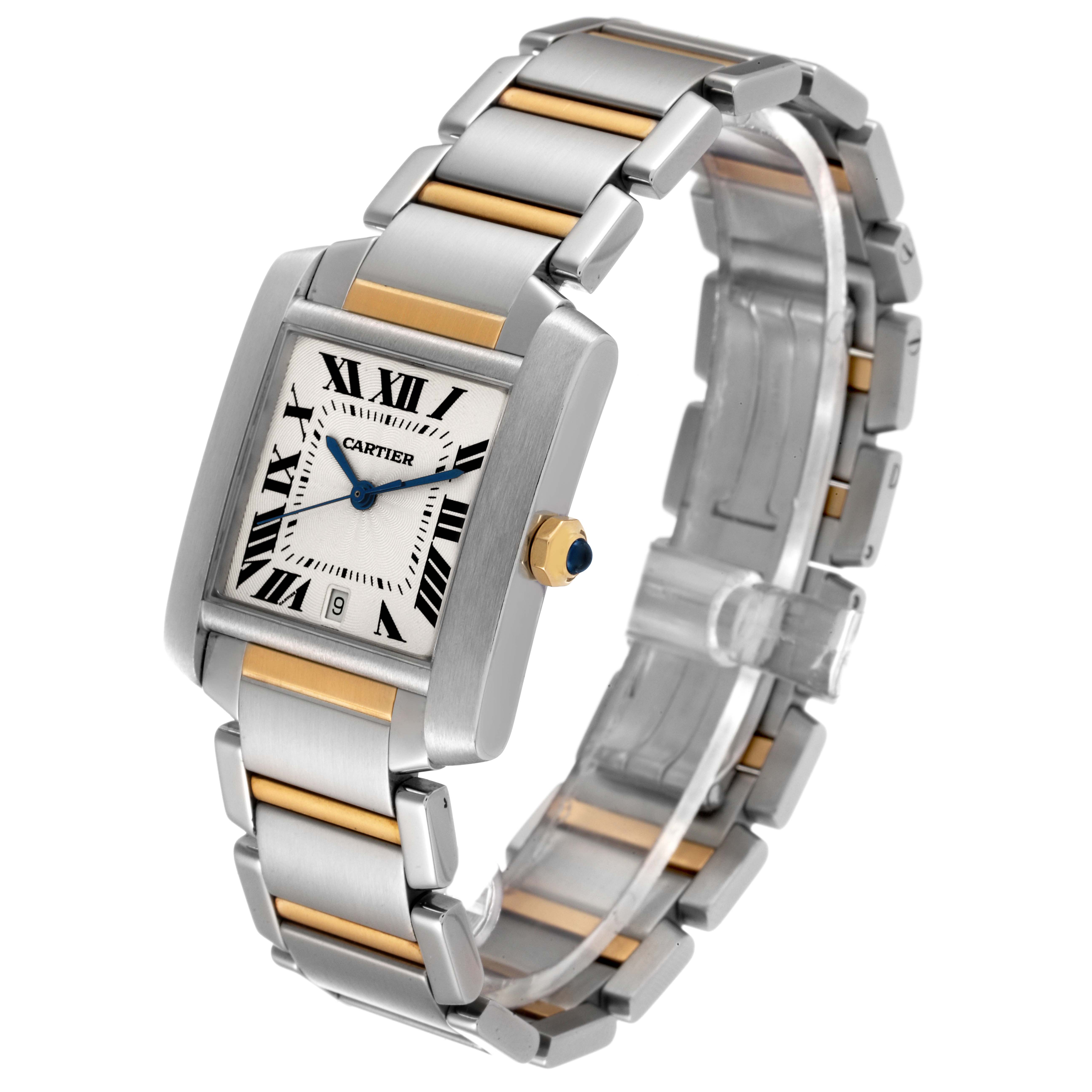 This image shows a side and top angle view of the Cartier Tank Française watch, highlighting its bracelet and face.