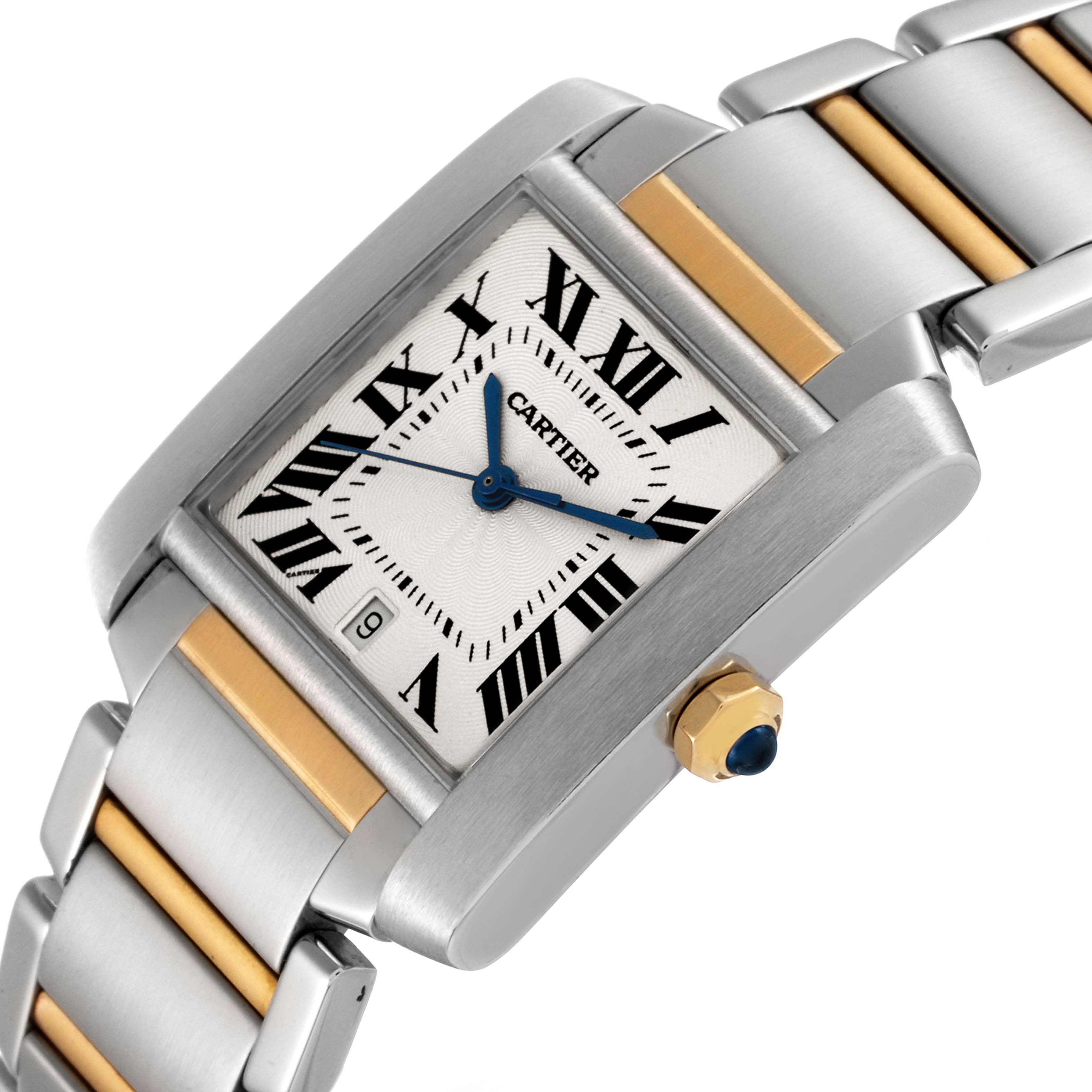 This image shows a close-up angle of the face and bracelet of a Cartier Tank Francaise W51005Q4 Men's Steel and Gold (two tone) Silver Dial W51005Q4 Men's Steel and Gold (two tone) Silver Dial watch.