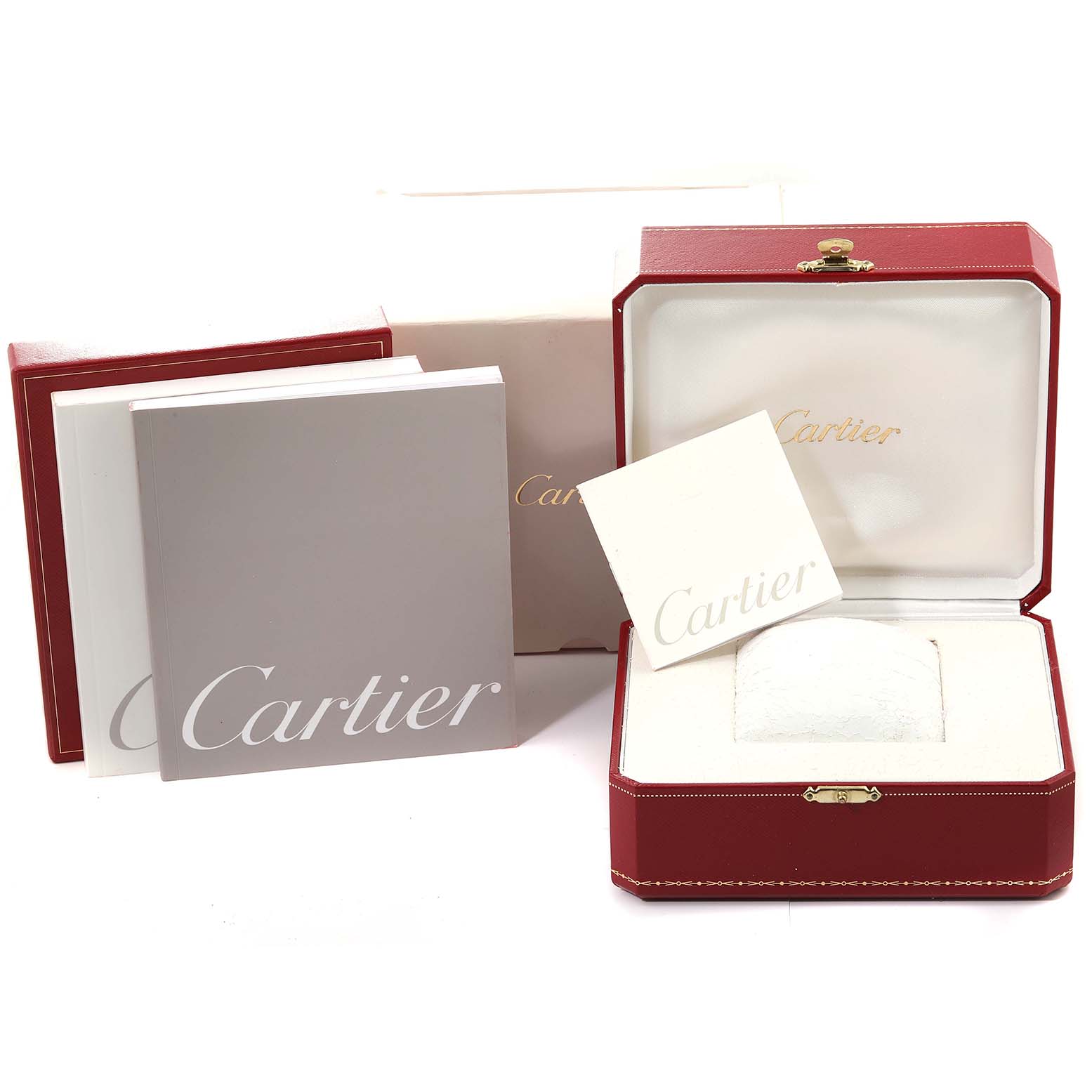 The image shows Cartier Tank Francaise W51031Q3 Women's Stainless Steel Silver Dial W51031Q3 Women's Stainless Steel Silver Dial watch packaging, including a red box, instruction manuals, and outer box.
