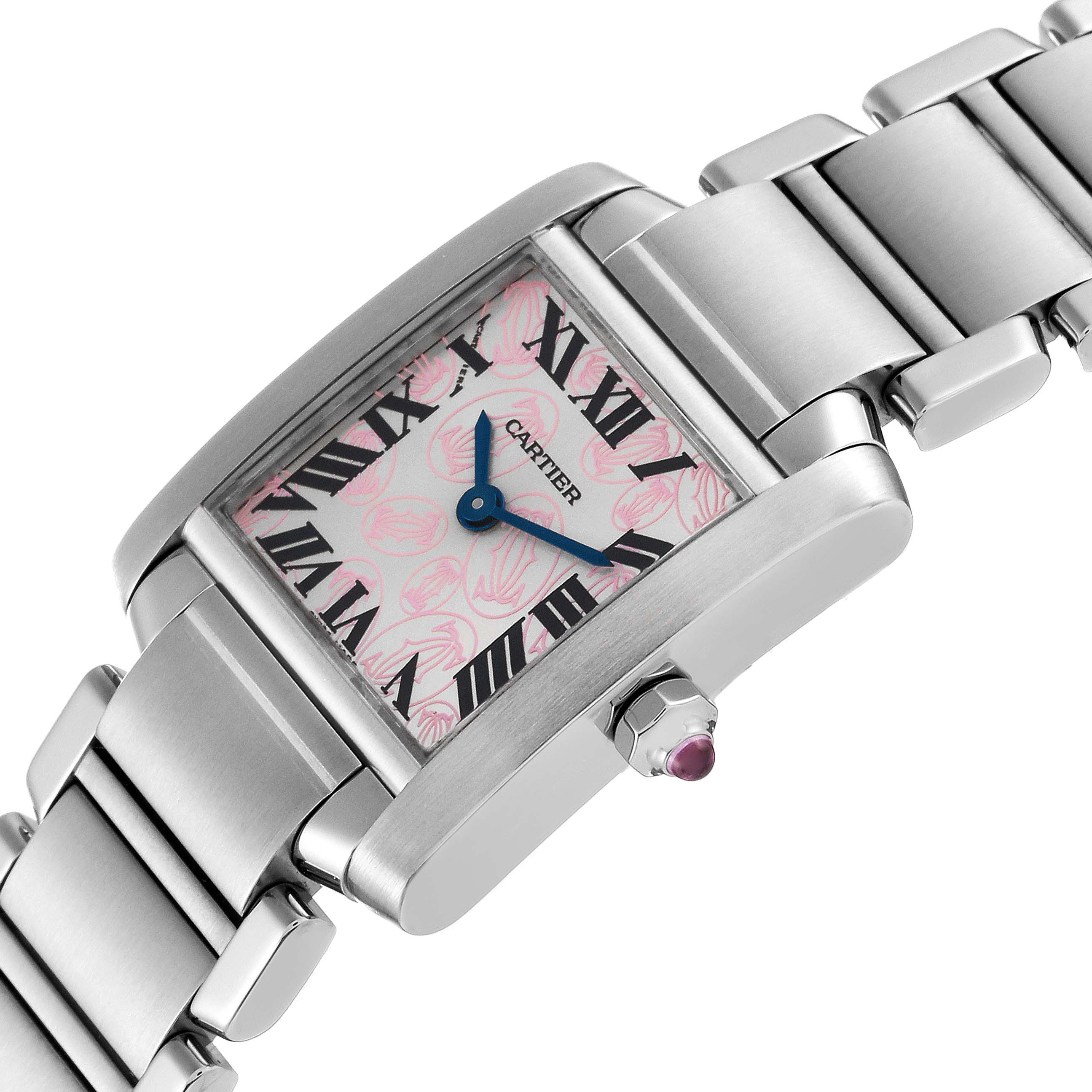 The image shows a close-up, angled view of a Cartier Tank Francaise W51031Q3 Women's Stainless Steel Silver Dial W51031Q3 Women's Stainless Steel Silver Dial watch focusing on the dial, bracelet, and crown.