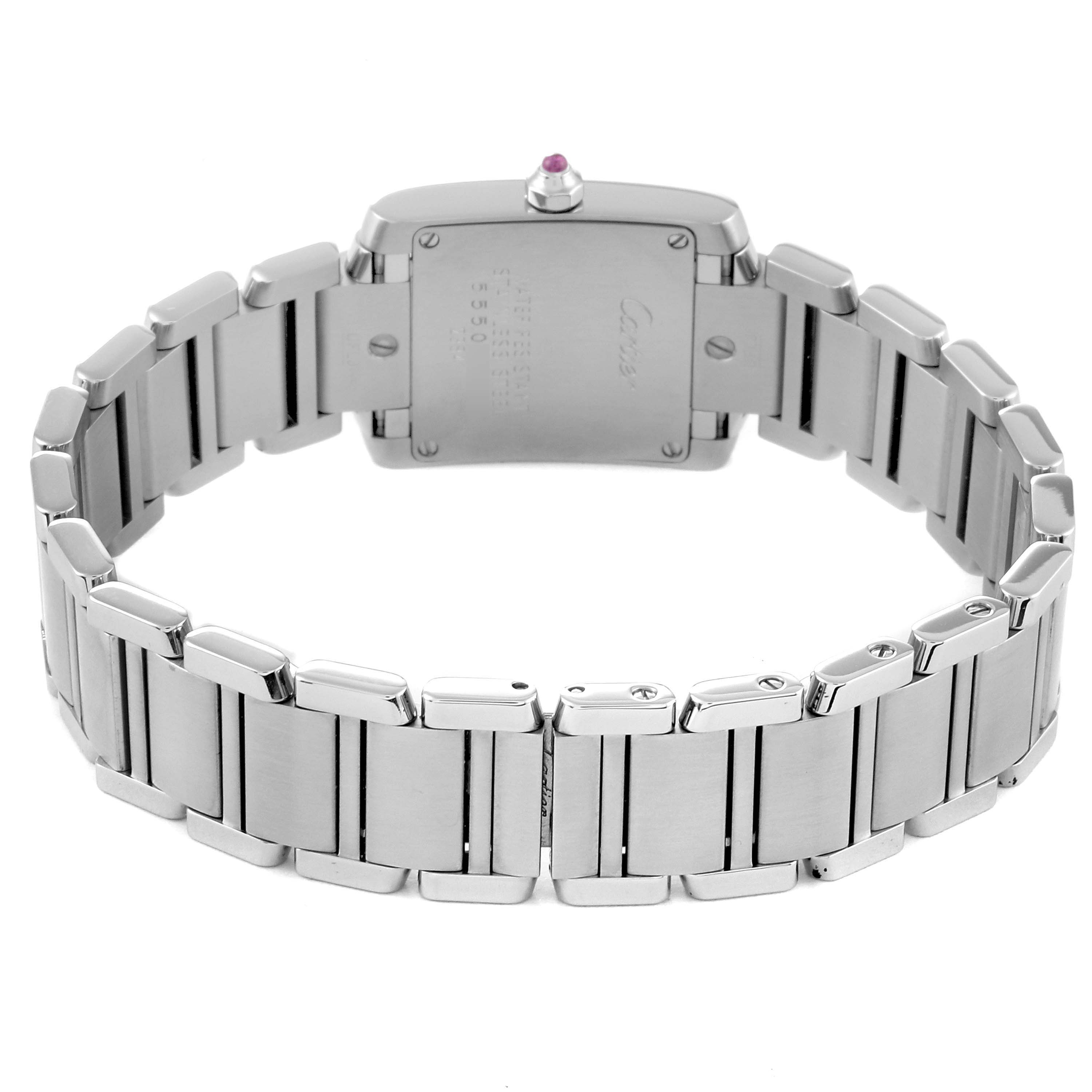 The image shows the back and bracelet of a Cartier Tank Francaise W51031Q3 Women's Stainless Steel Silver Dial W51031Q3 Women's Stainless Steel Silver Dial watch.
