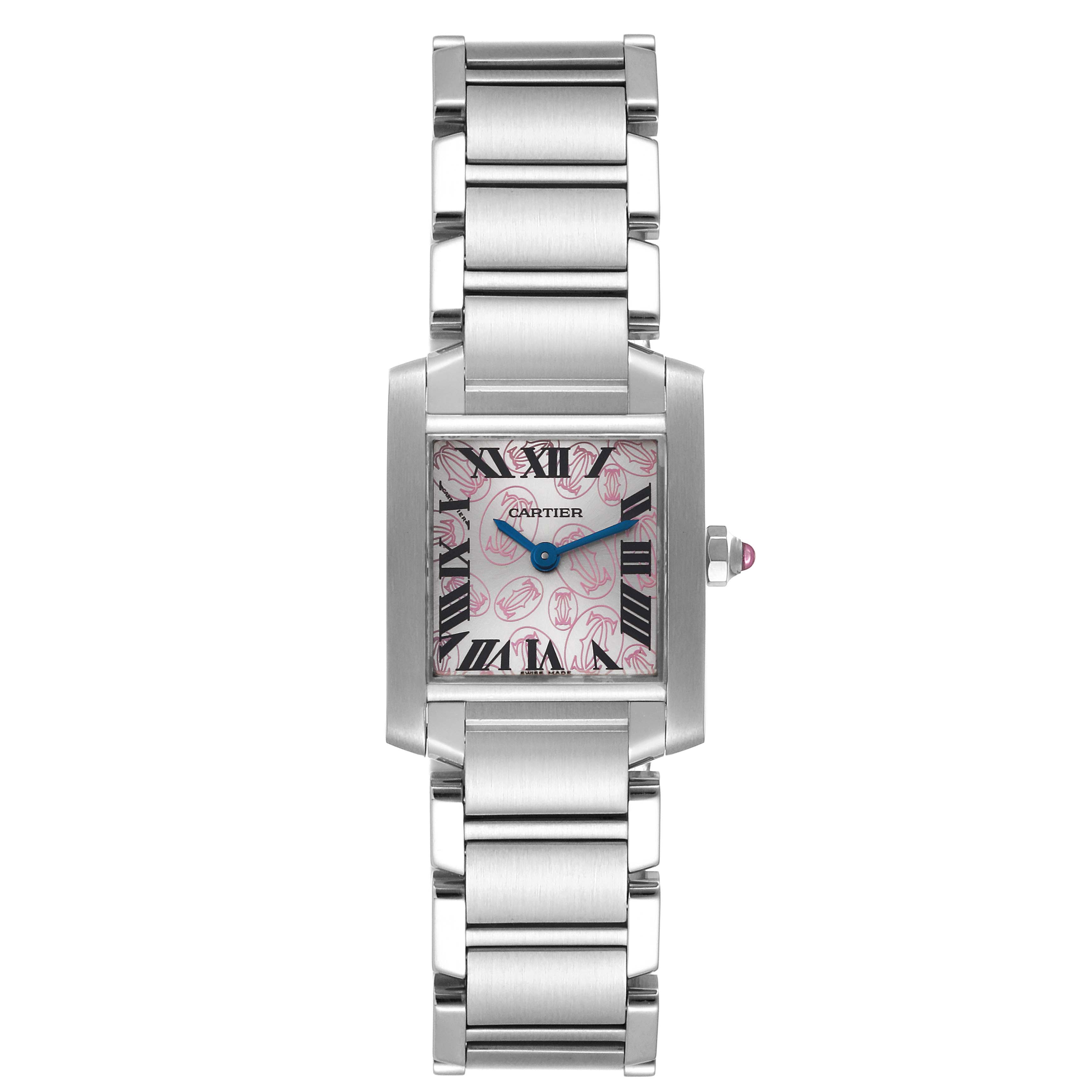 The image shows a front view of the Cartier Tank Française watch, highlighting its face and stainless steel bracelet.