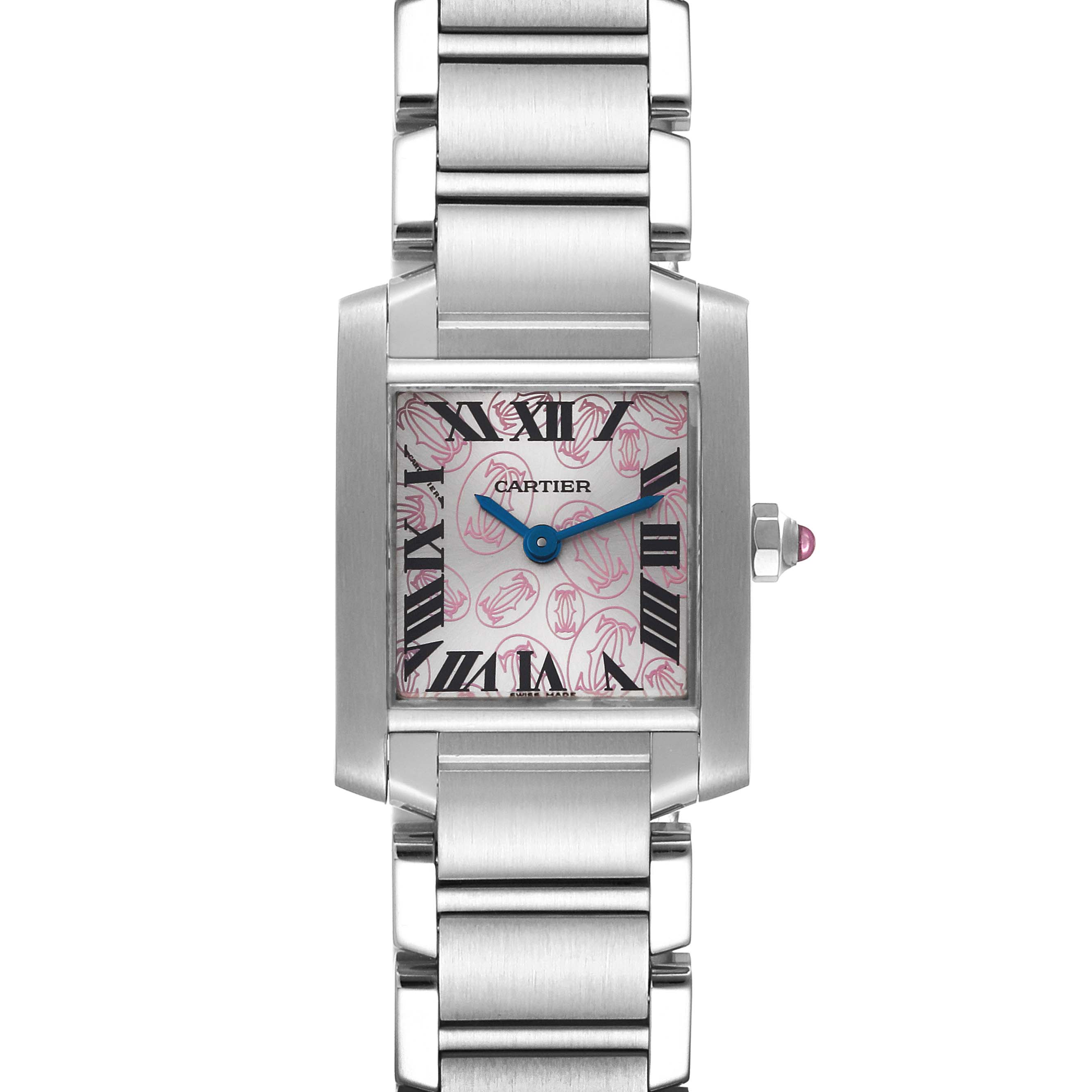 The Cartier Tank Francaise W51031Q3 Women's Stainless Steel Silver Dial W51031Q3 Women's Stainless Steel Silver Dial watch is shown in a front-facing angle, highlighting the face, bezel, pink dial, and part of the bracelet.
