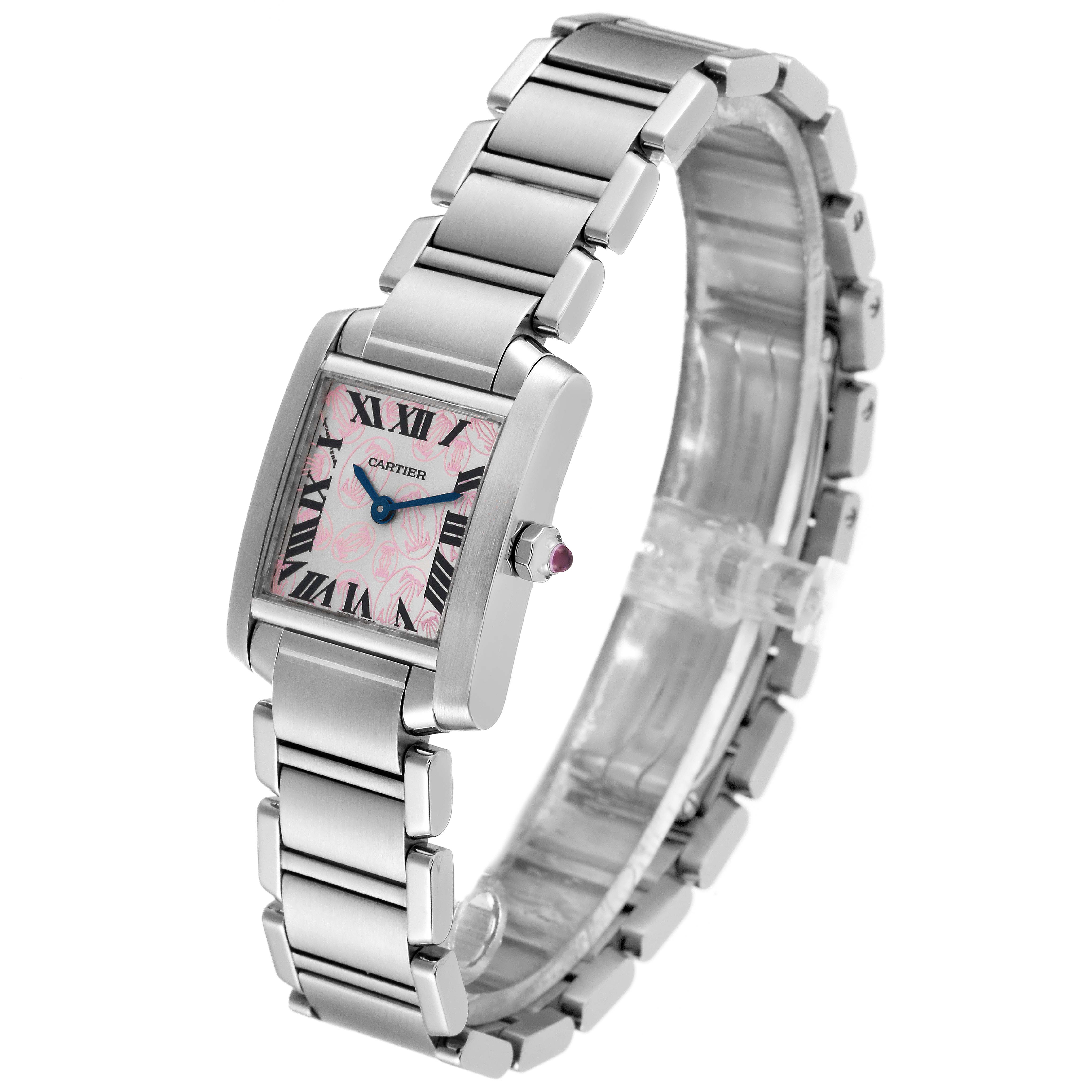 The Cartier Tank Francaise W51031Q3 Women's Stainless Steel Silver Dial W51031Q3 Women's Stainless Steel Silver Dial watch is shown at a slight angle, highlighting the face, crown, and stainless steel bracelet.