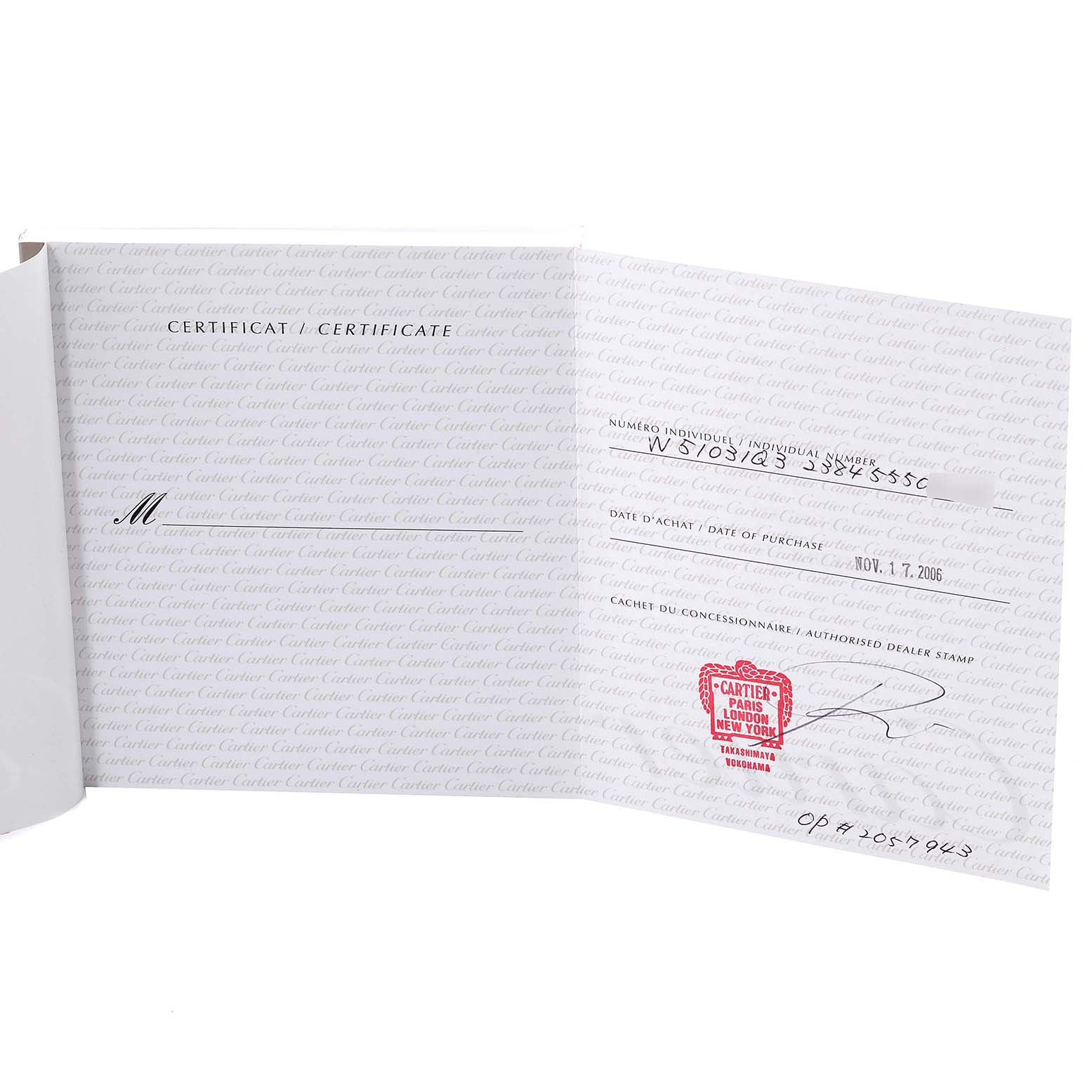 The image shows the authenticity certificate for the Cartier Tank Francaise W51031Q3 Women's Stainless Steel Silver Dial W51031Q3 Women's Stainless Steel Silver Dial model, displaying the date of purchase and other details.