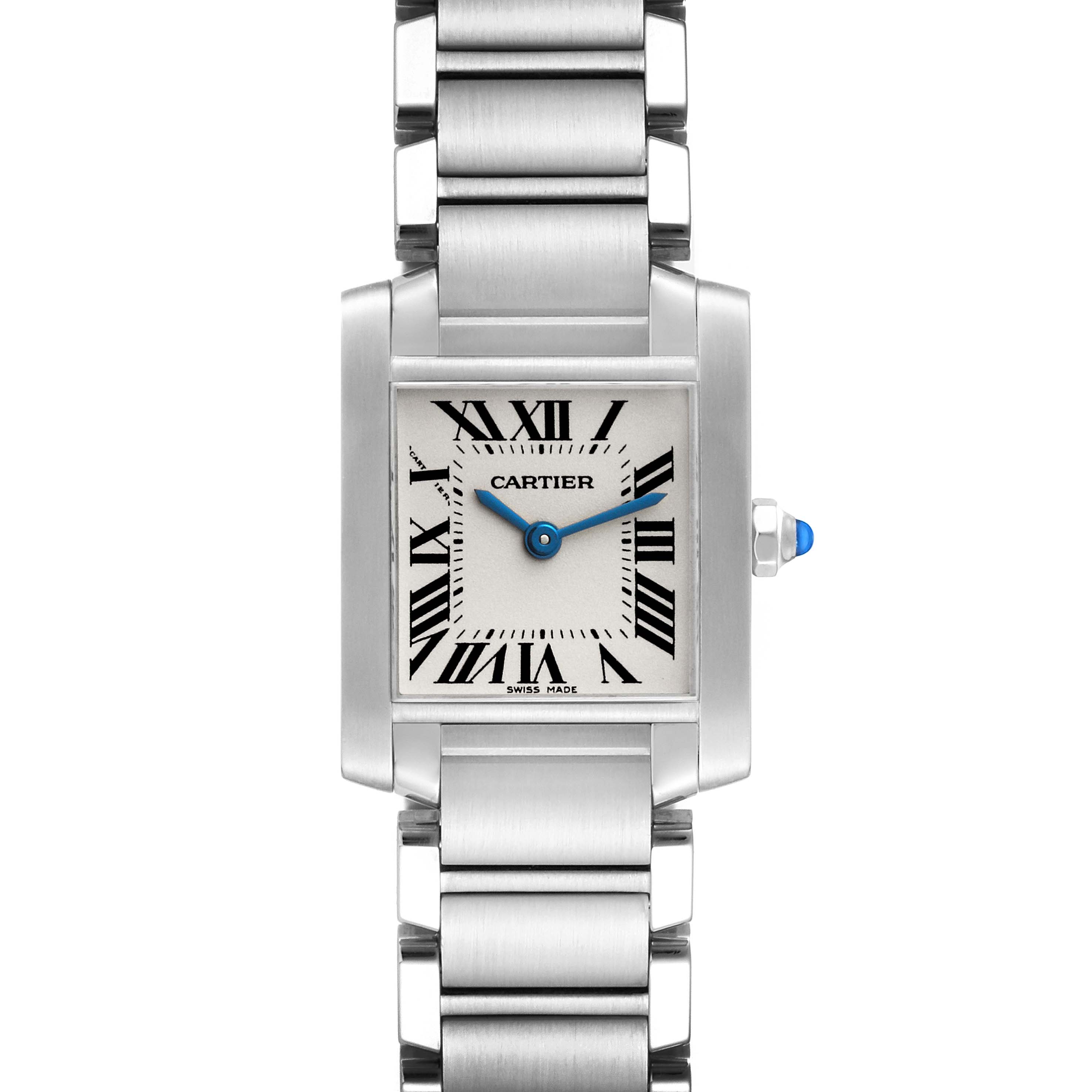 The image shows a front view of the Cartier Tank Francaise W51008Q3 Women
s Stainless Steel Silver Dial W51008Q3 Women
s Stainless Steel Silver Dial watch, highlighting its face, Roman numerals, and metal bracelet.