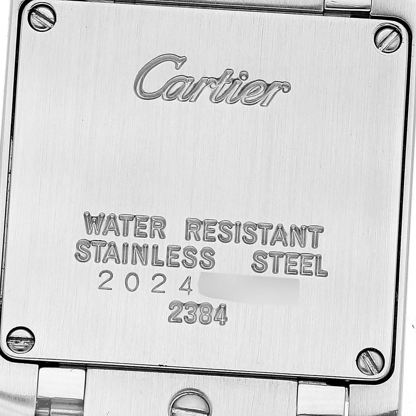 This image shows the back case of the Cartier Tank Francaise W51008Q3 Women
s Stainless Steel Silver Dial W51008Q3 Women
s Stainless Steel Silver Dial watch, highlighting its water resistance and stainless steel material.