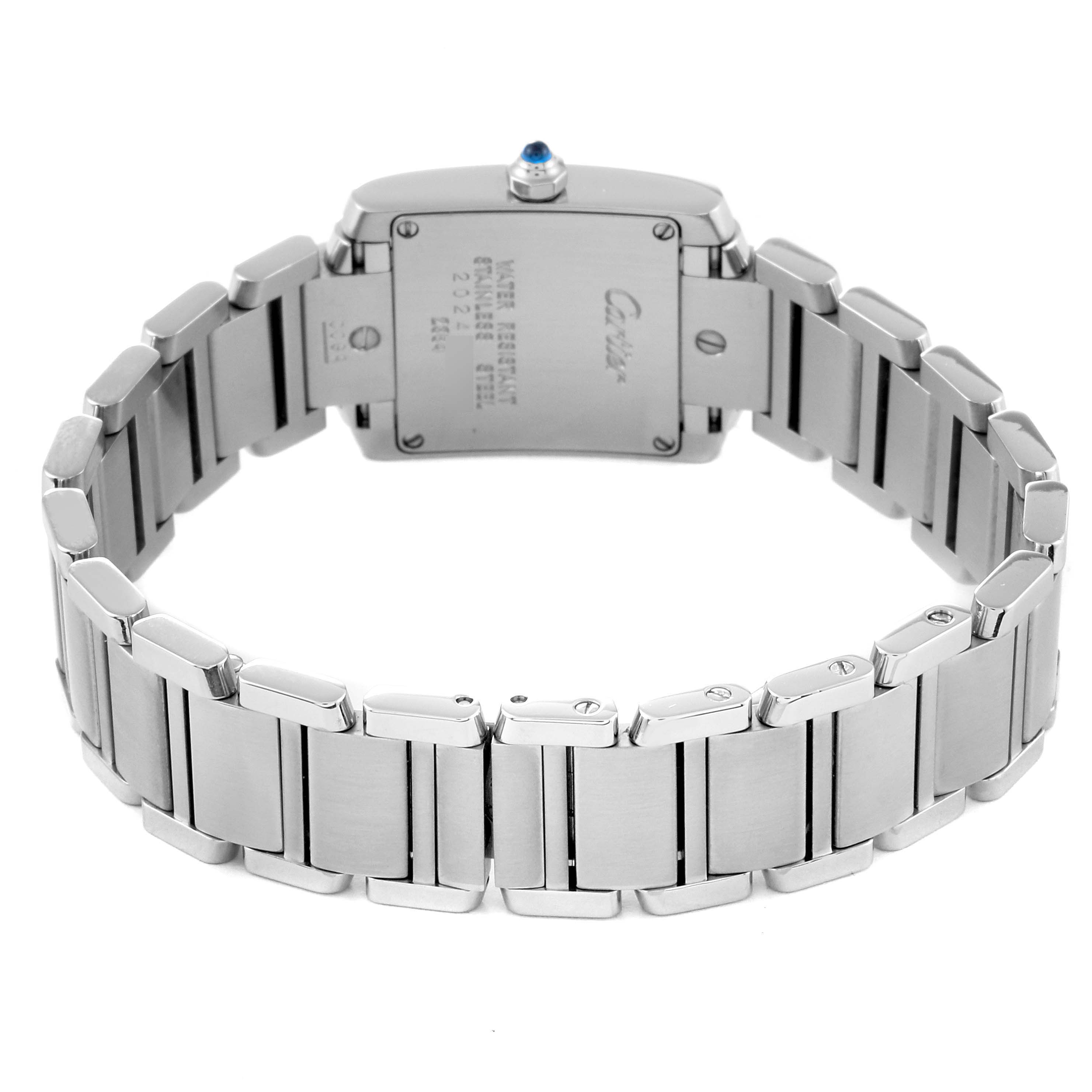 The image shows the back view of a Cartier Tank Française watch, focusing on the bracelet and case back.