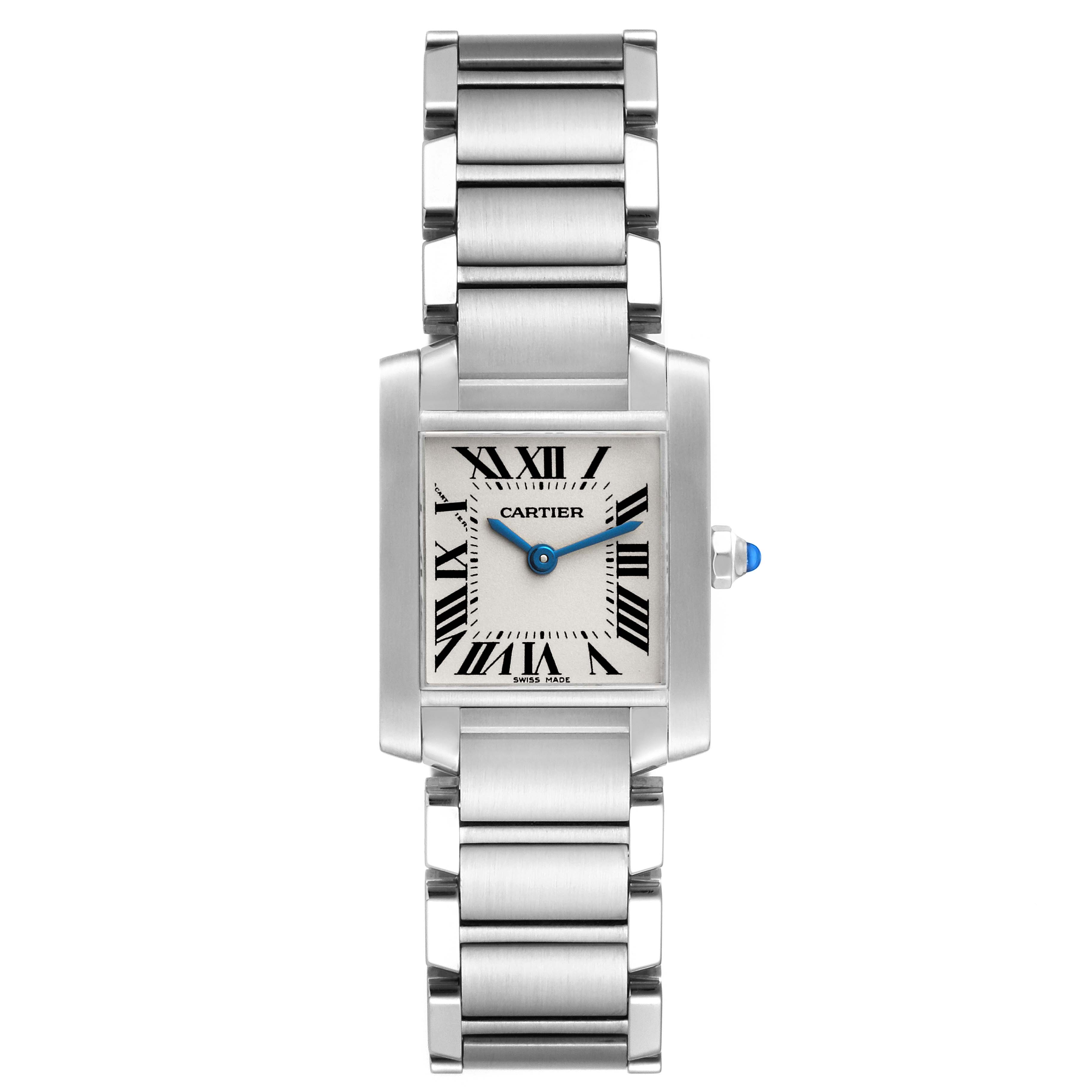 The image shows a front view of the Cartier Tank Francaise W51008Q3 Women
s Stainless Steel Silver Dial W51008Q3 Women
s Stainless Steel Silver Dial watch, displaying its rectangular face, Roman numerals, and stainless steel bracelet.