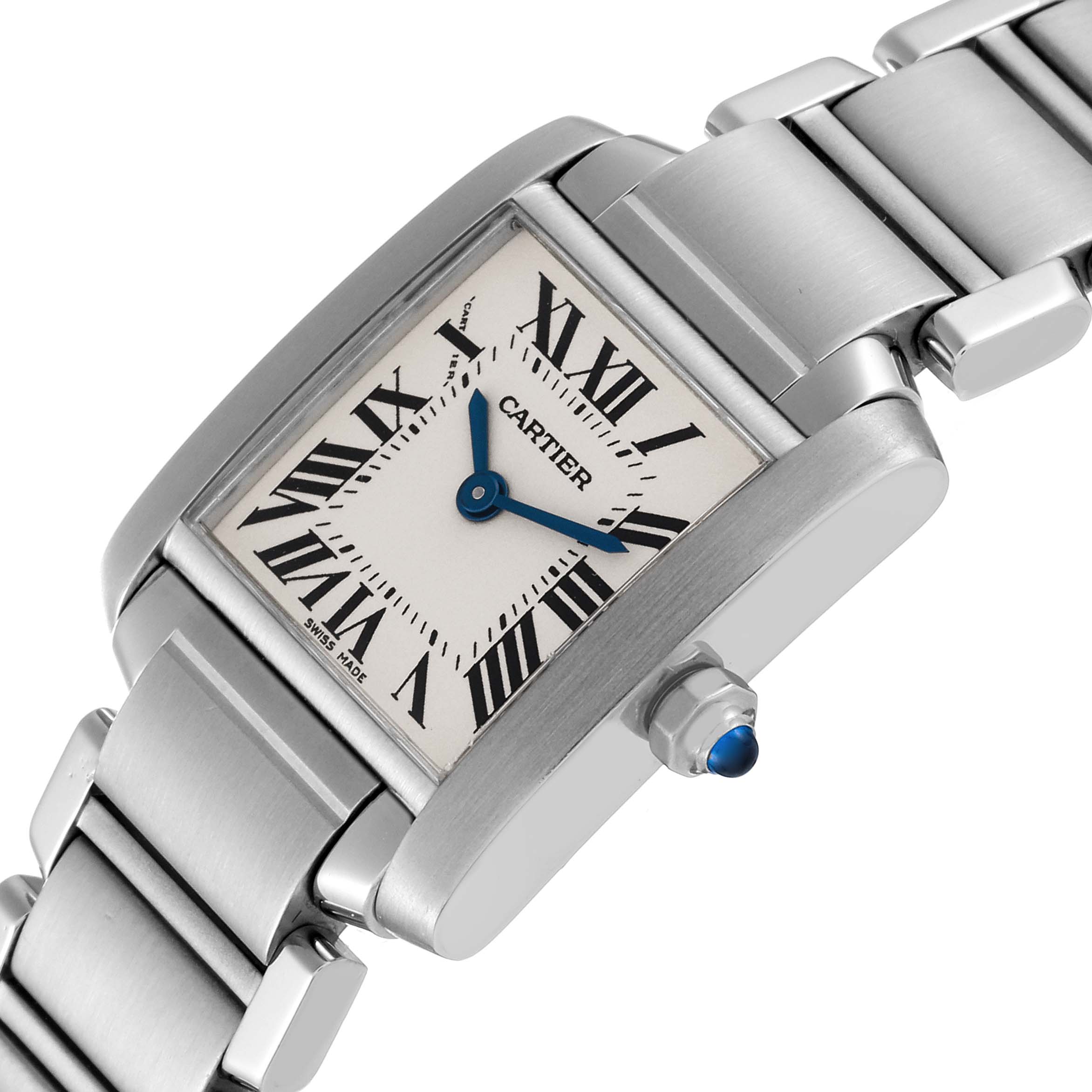 The image shows a close-up, angled view of a Cartier Tank Française watch, highlighting the dial, Roman numerals, and bracelet.