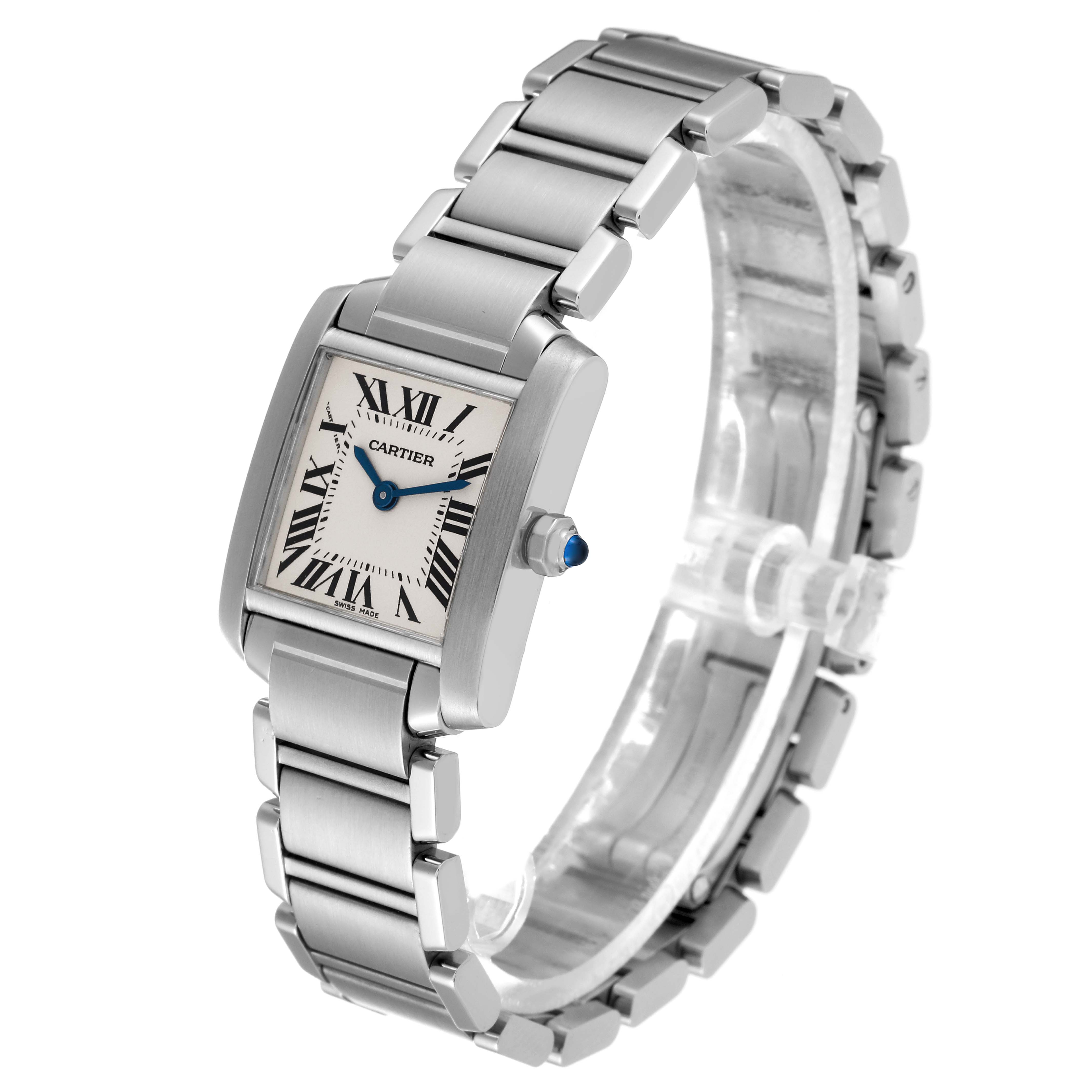 This image shows a Cartier Tank Francaise W51008Q3 Women
s Stainless Steel Silver Dial W51008Q3 Women
s Stainless Steel Silver Dial watch at a slight angle displaying the face, crown, and metal bracelet.