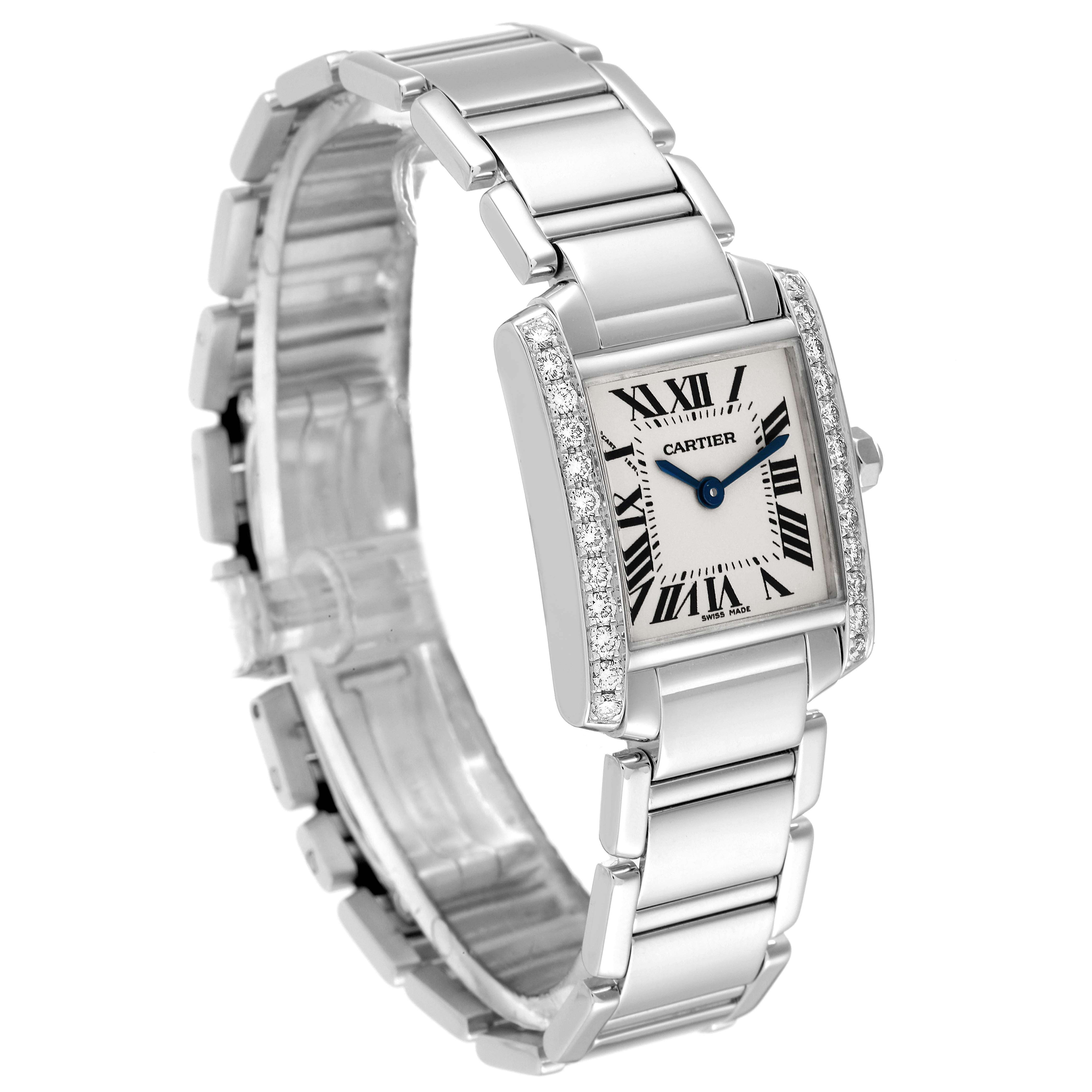 The Cartier Tank Francaise WE1002S3 Women's White Gold Silver Dial WE1002S3 Women's White Gold Silver Dial watch is shown at a slight angle, highlighting its diamond-set bezel, Roman numeral dial, and metal bracelet.