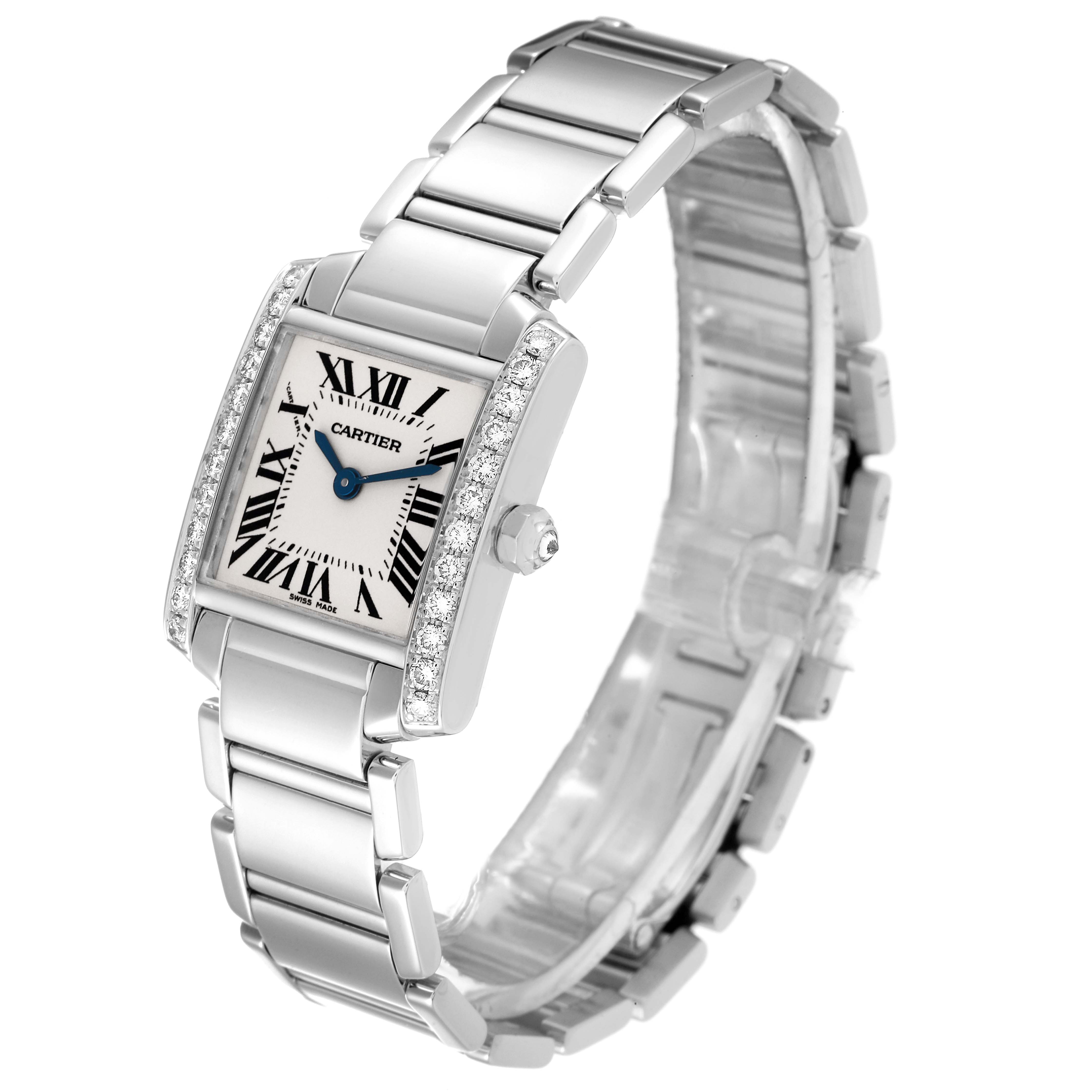 This image shows a Cartier Tank Francaise WE1002S3 Women's White Gold Silver Dial WE1002S3 Women's White Gold Silver Dial watch in a three-quarter angle, highlighting its face, bracelet, and side profile.