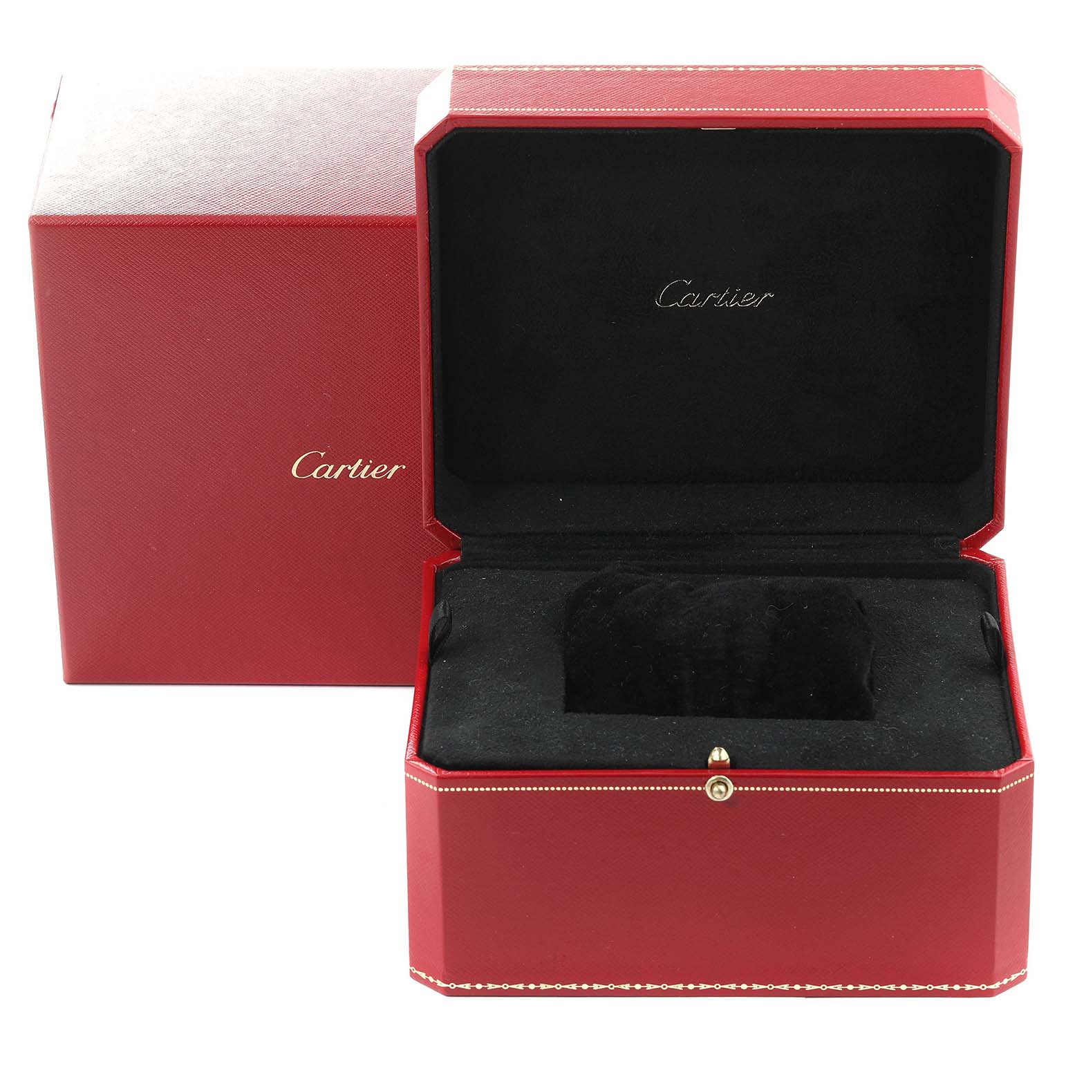 This image shows an open Cartier box in red with a black interior, likely used for the Tank Francaise model.