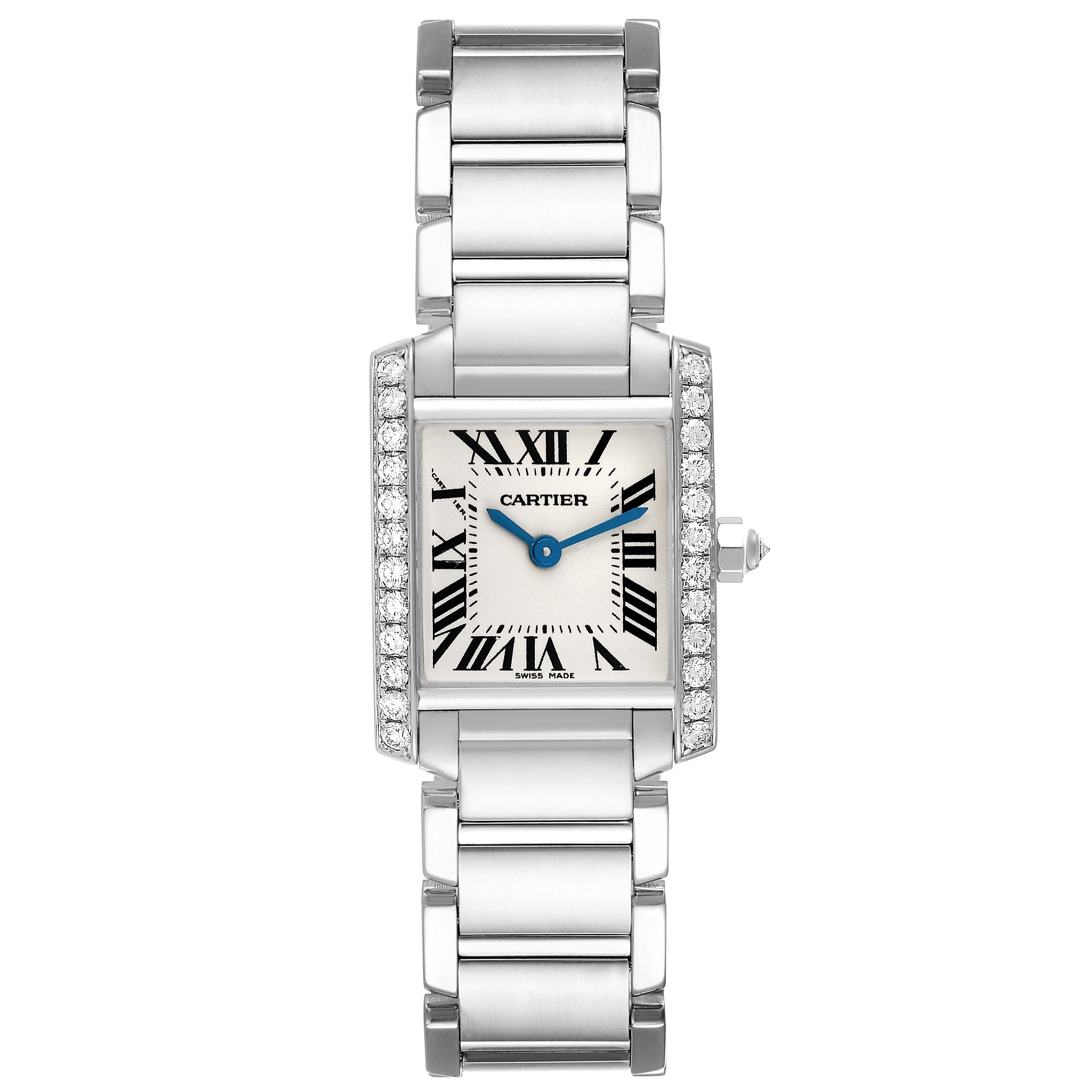 The image shows a front view of a Cartier Tank Française watch, highlighting its rectangular face, bracelet, and diamond details.