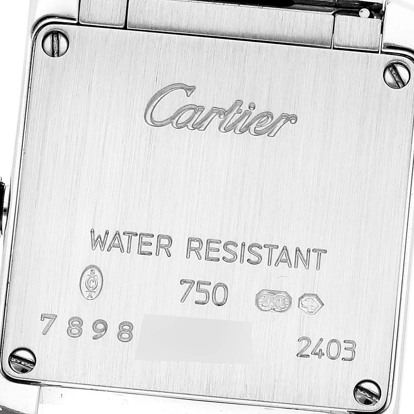 This close-up image shows the back case of the Cartier Tank Francaise WE1002S3 Women's White Gold Silver Dial WE1002S3 Women's White Gold Silver Dial watch, featuring engraving details and water resistance information.