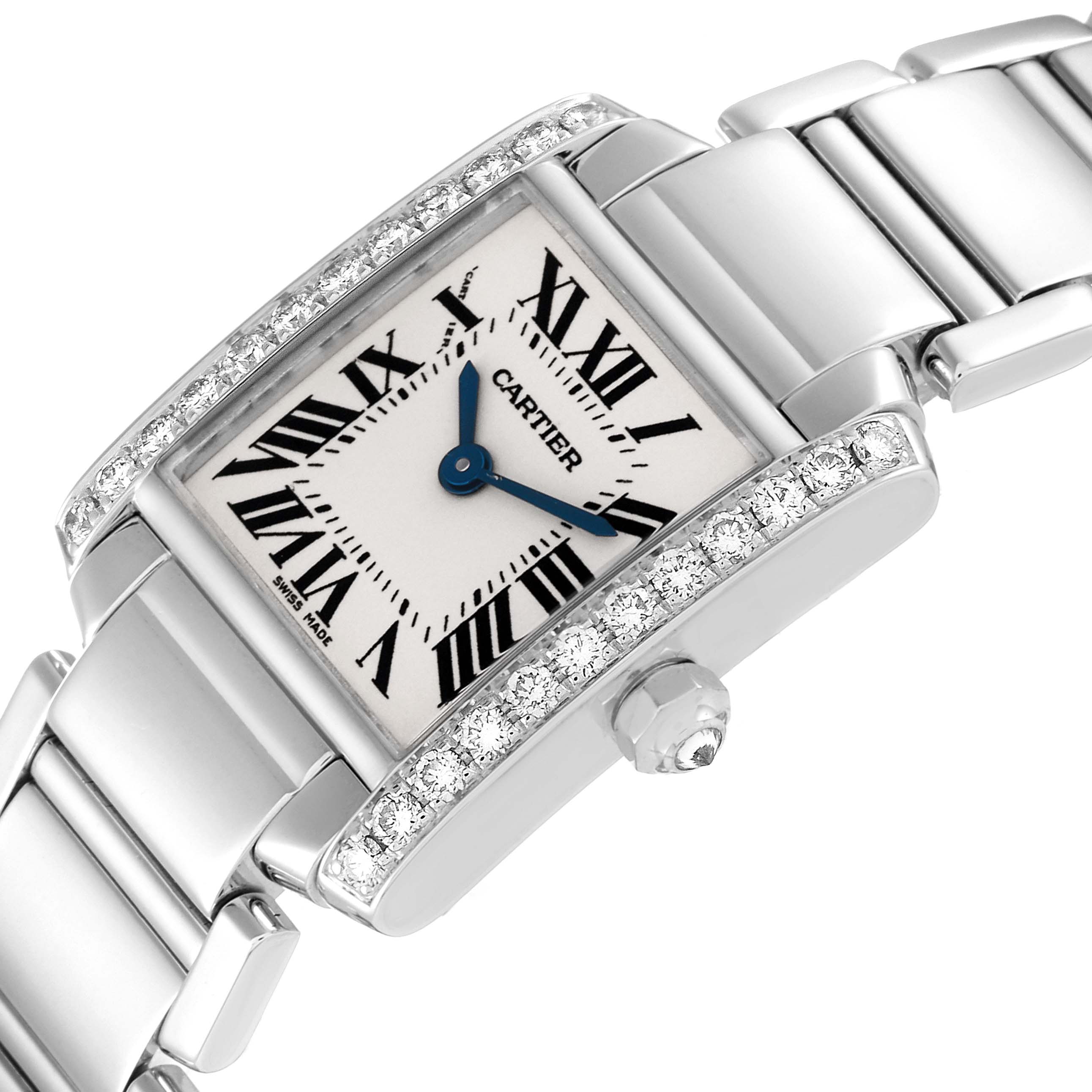 The image shows a close-up angled view of a Cartier Tank Francaise WE1002S3 Women's White Gold Silver Dial WE1002S3 Women's White Gold Silver Dial watch, highlighting the face, bezel, and bracelet.