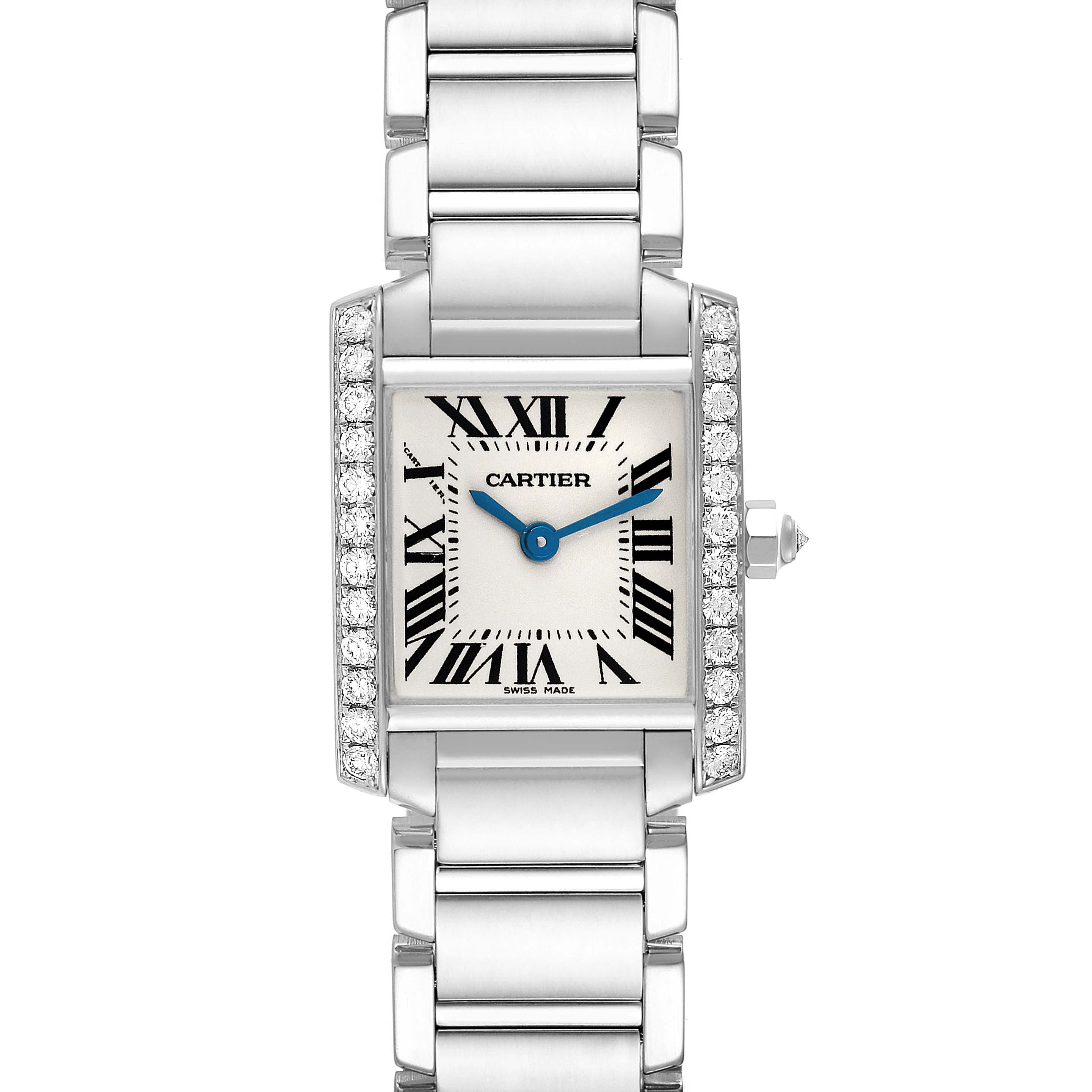 The image shows a front view of the Cartier Tank Francaise WE1002S3 Women's White Gold Silver Dial WE1002S3 Women's White Gold Silver Dial watch, highlighting its square face, Roman numerals, and metal bracelet.