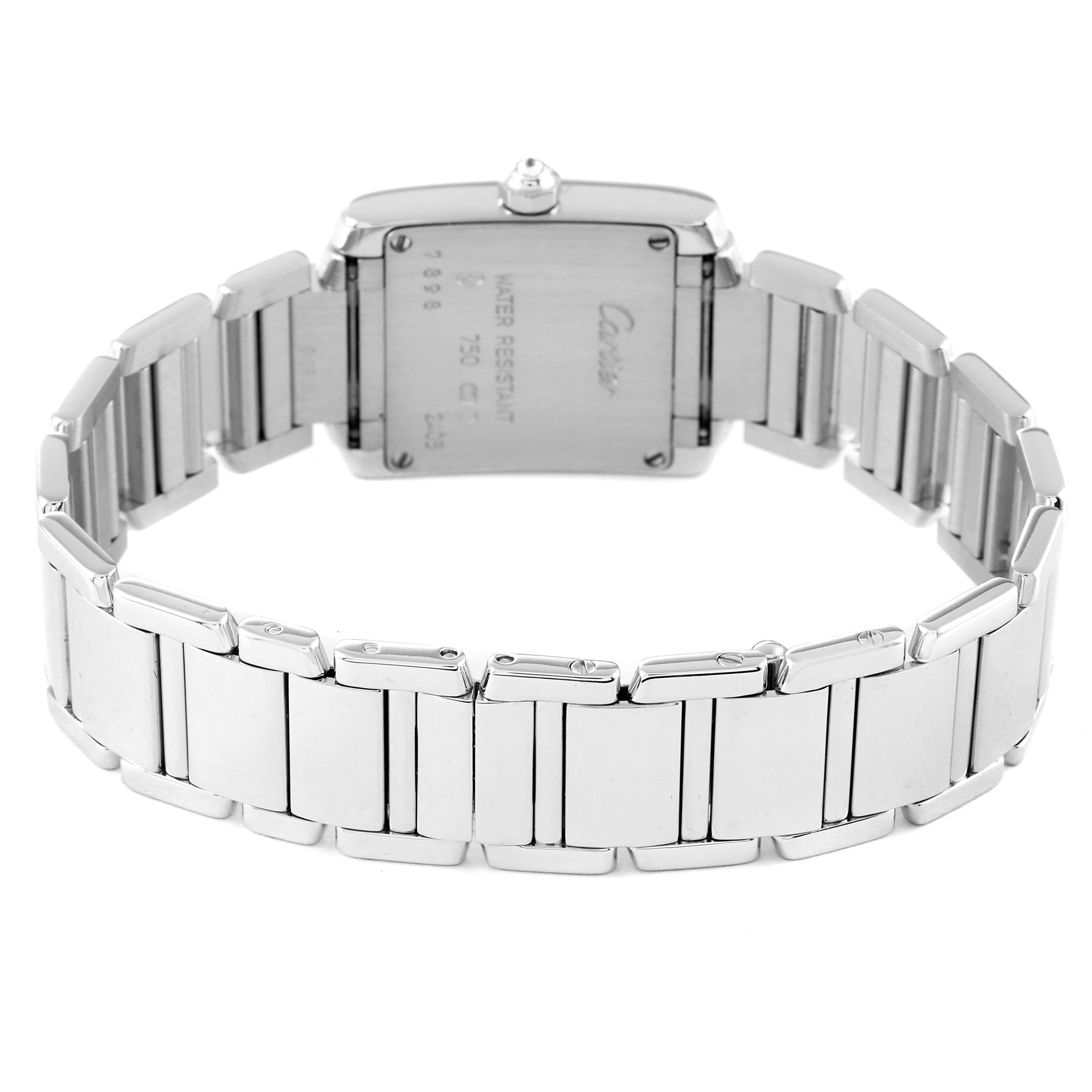 This image shows the back angle of a Cartier Tank Francaise WE1002S3 Women's White Gold Silver Dial WE1002S3 Women's White Gold Silver Dial watch, highlighting its stainless steel bracelet and case back.