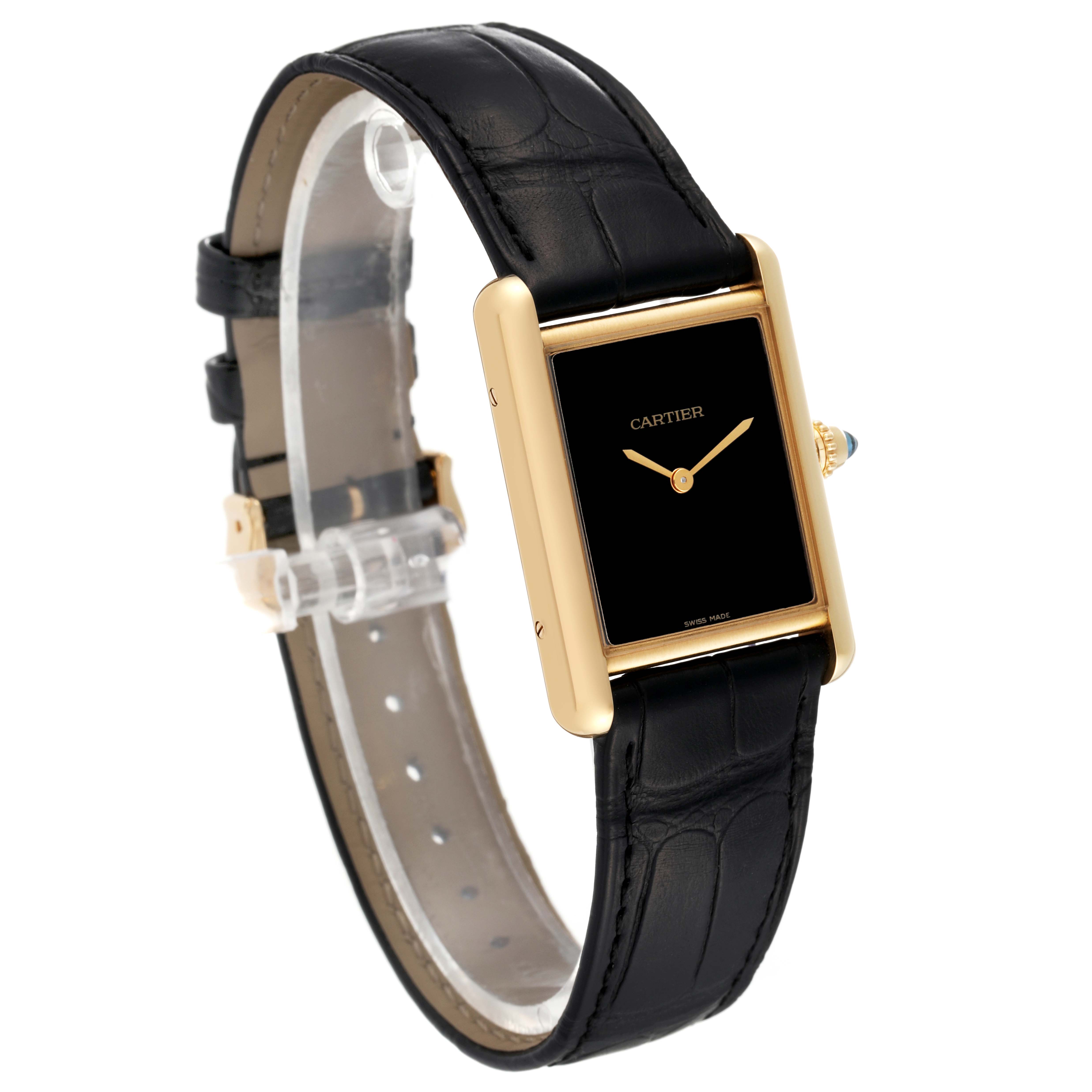 The image shows a Cartier Tank Louis WGTA0091 Men's Yellow Gold Black Dial WGTA0091 Men's Yellow Gold Black Dial watch at a slight angle showcasing its black leather strap and gold case with a black dial.