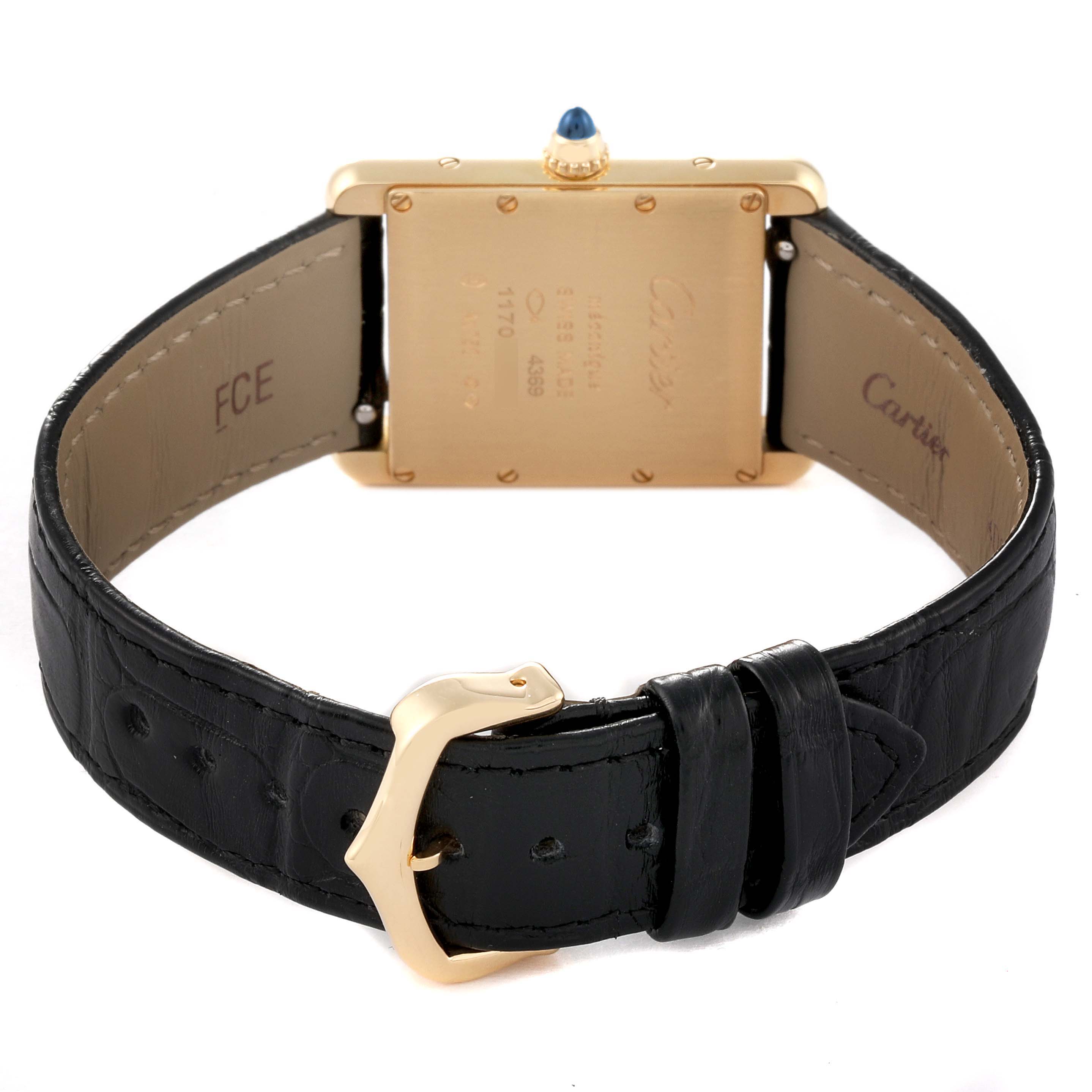 This image shows the back view of a Cartier Tank Louis WGTA0091 Men's Yellow Gold Black Dial WGTA0091 Men's Yellow Gold Black Dial watch, highlighting the gold case and black leather strap.