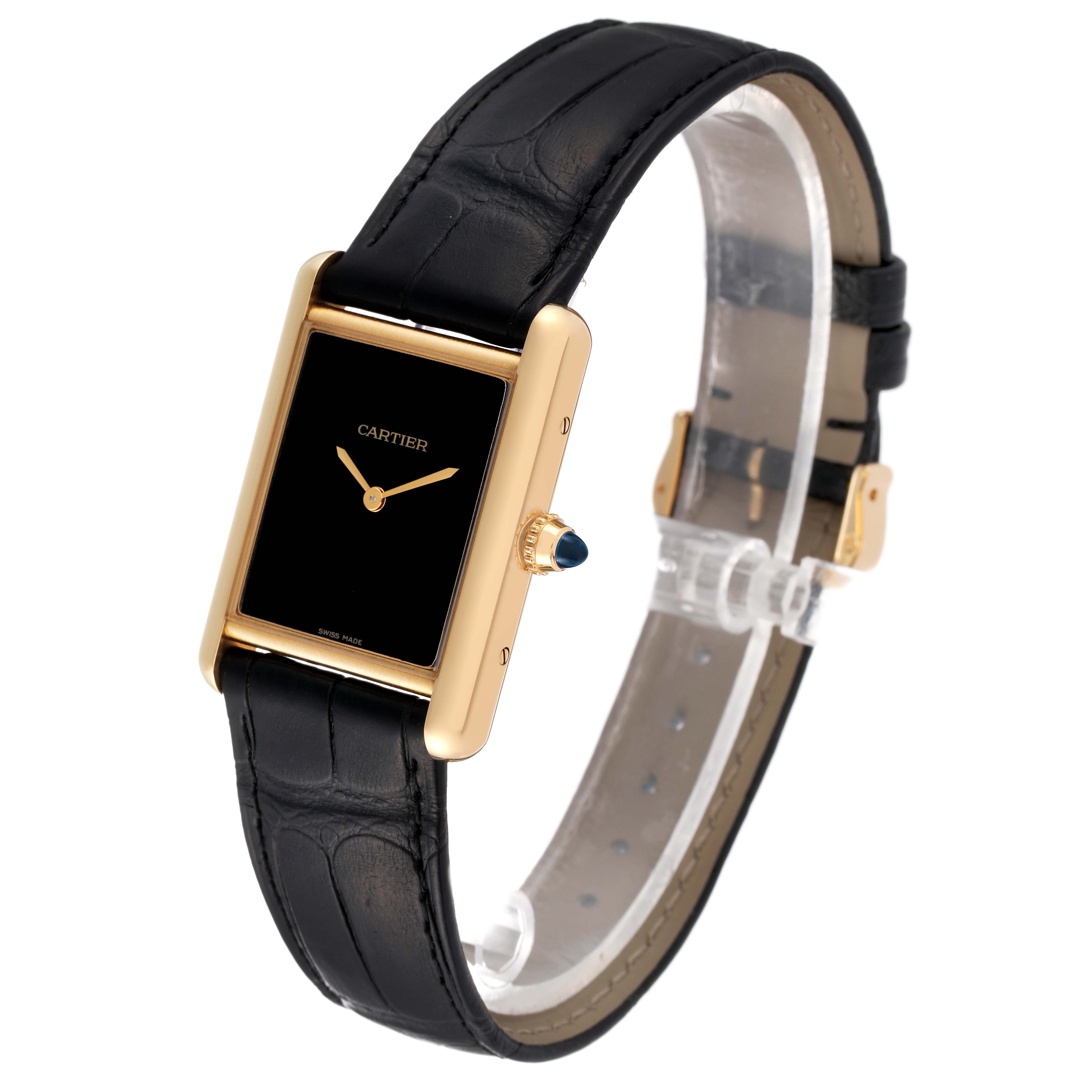 This Cartier Tank Louis WGTA0091 Men's Yellow Gold Black Dial WGTA0091 Men's Yellow Gold Black Dial watch is shown at a slight angle, displaying the face, crown, case, and part of the black leather band.