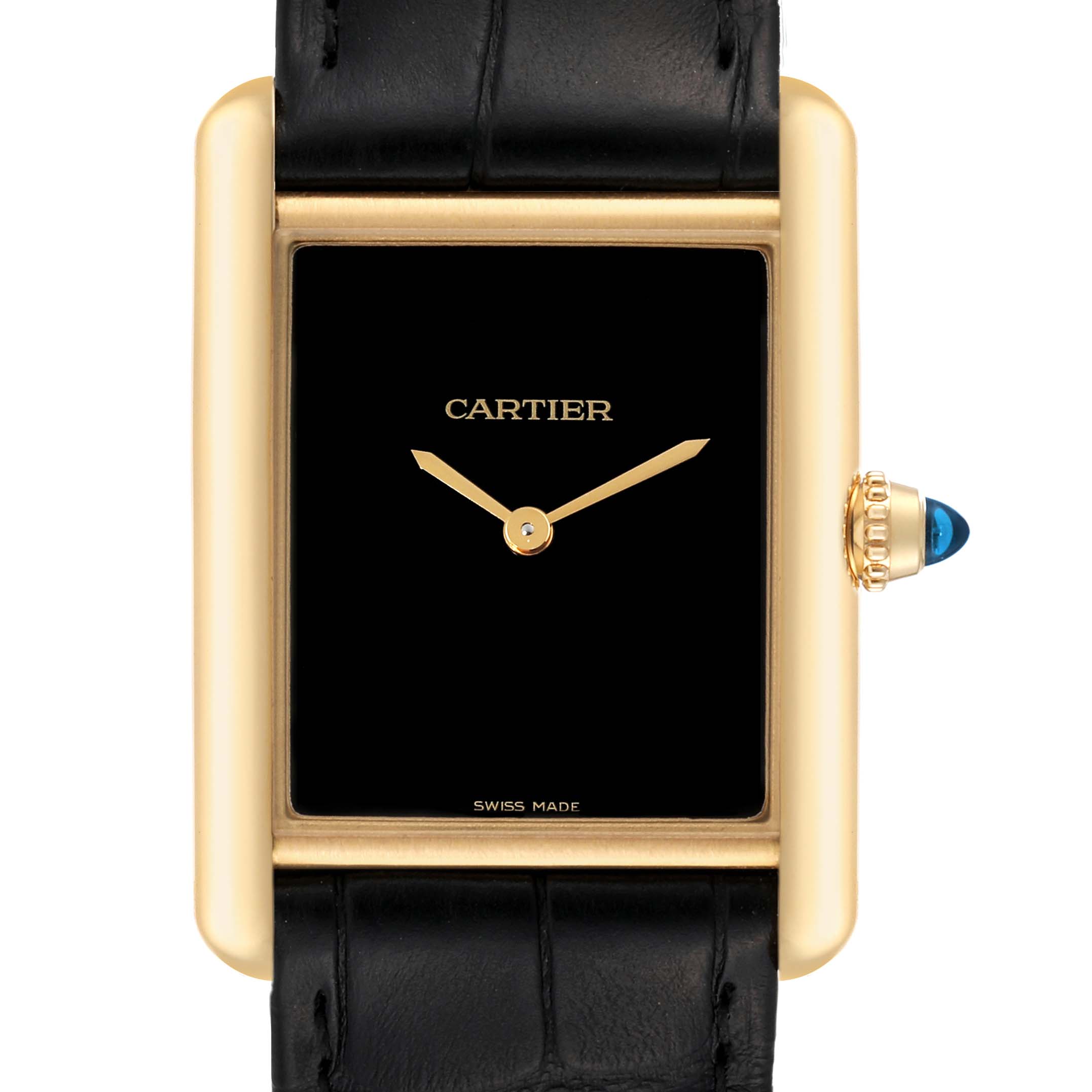 The image shows a close-up, front view of a Tank Louis watch by Cartier with a black dial and a leather strap.