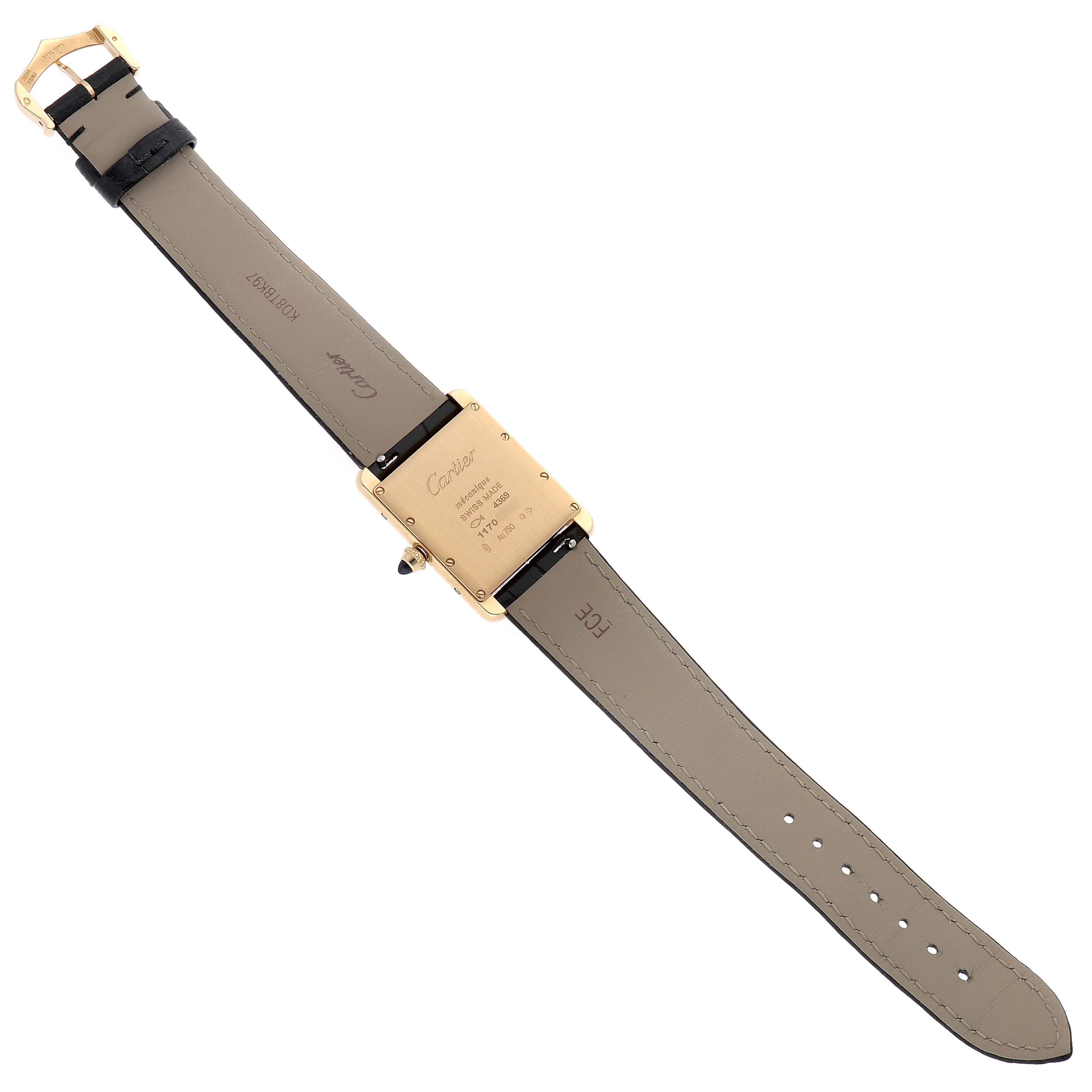 The image shows the back case and strap of a Cartier Tank Louis WGTA0091 Men's Yellow Gold Black Dial WGTA0091 Men's Yellow Gold Black Dial model watch from a top-down angle.