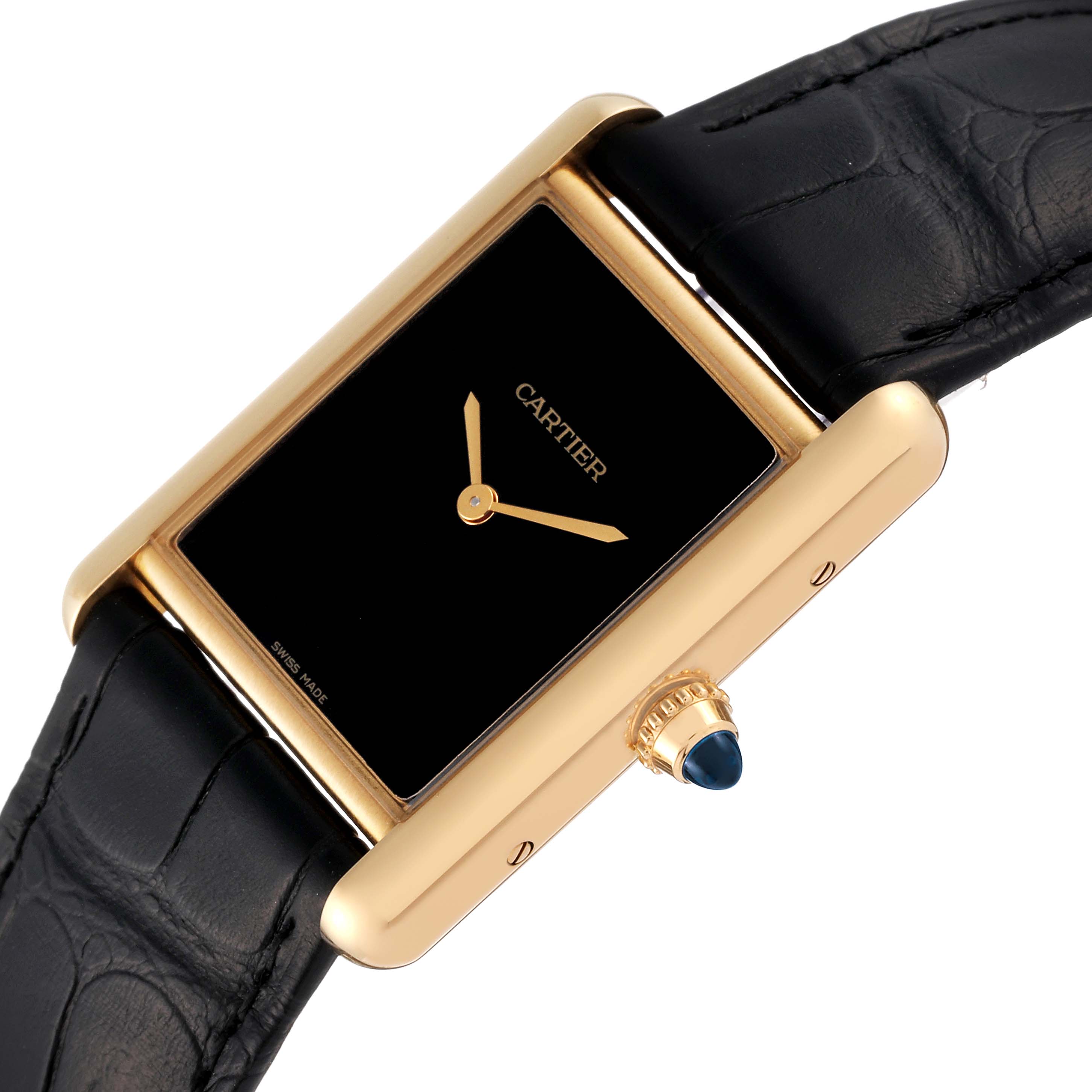 The image shows a Cartier Tank Louis WGTA0091 Men's Yellow Gold Black Dial WGTA0091 Men's Yellow Gold Black Dial watch angled from the right, highlighting its black leather strap and gold case.