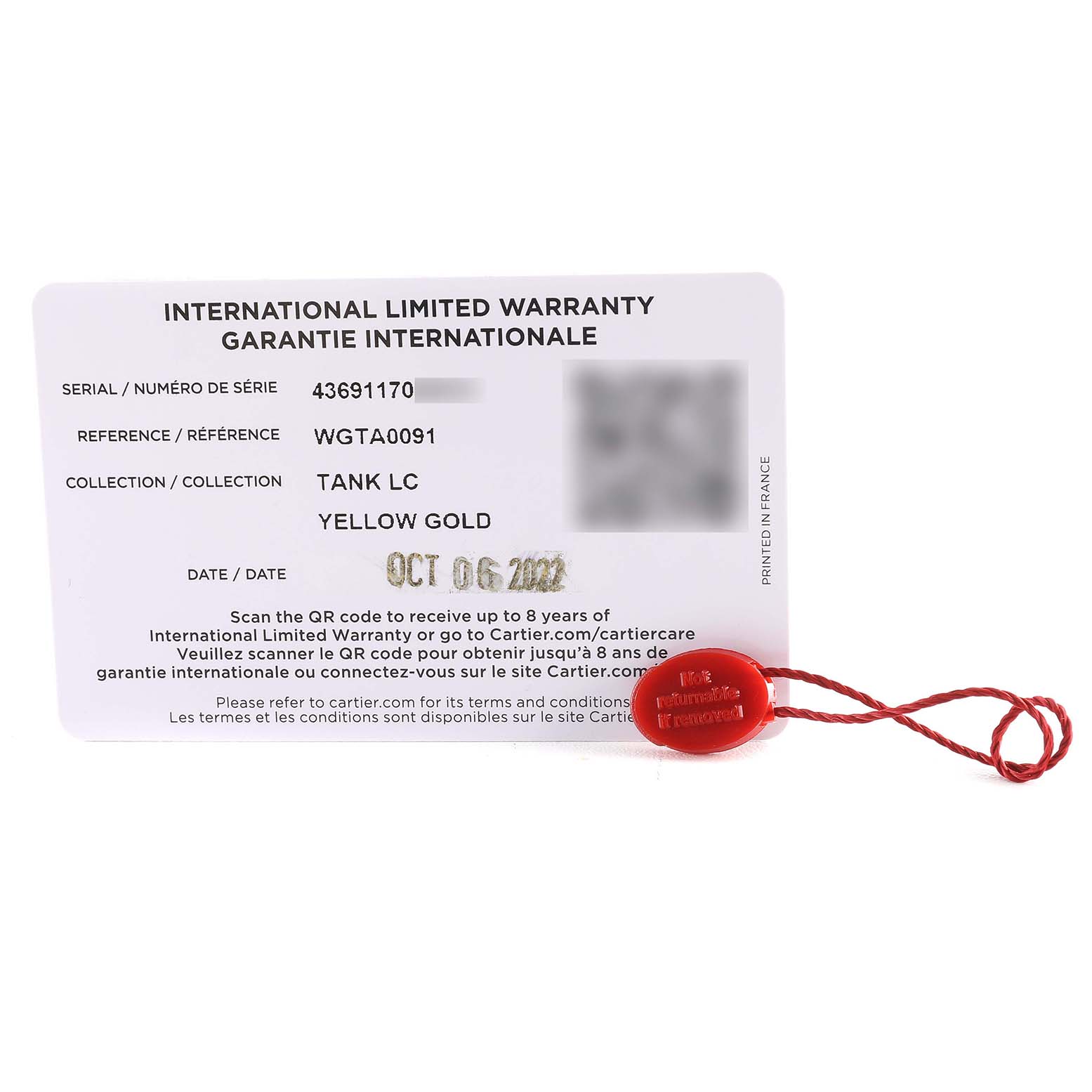 The image shows the international limited warranty card and red tag accessory of the Cartier Tank Louis WGTA0091 Men's Yellow Gold Black Dial WGTA0091 Men's Yellow Gold Black Dial watch.