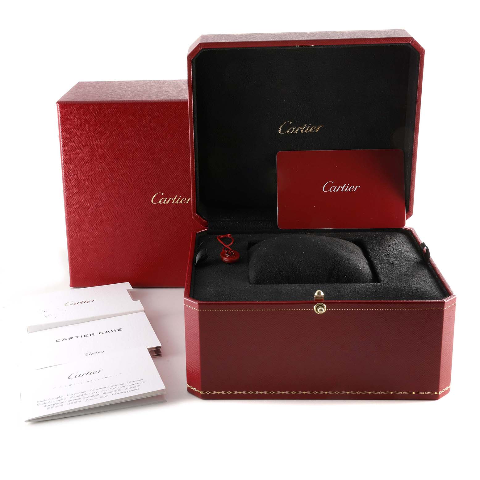 The image shows the open packaging box, pillow, and documents for the Cartier Tank Louis WGTA0091 Men's Yellow Gold Black Dial WGTA0091 Men's Yellow Gold Black Dial watch model.