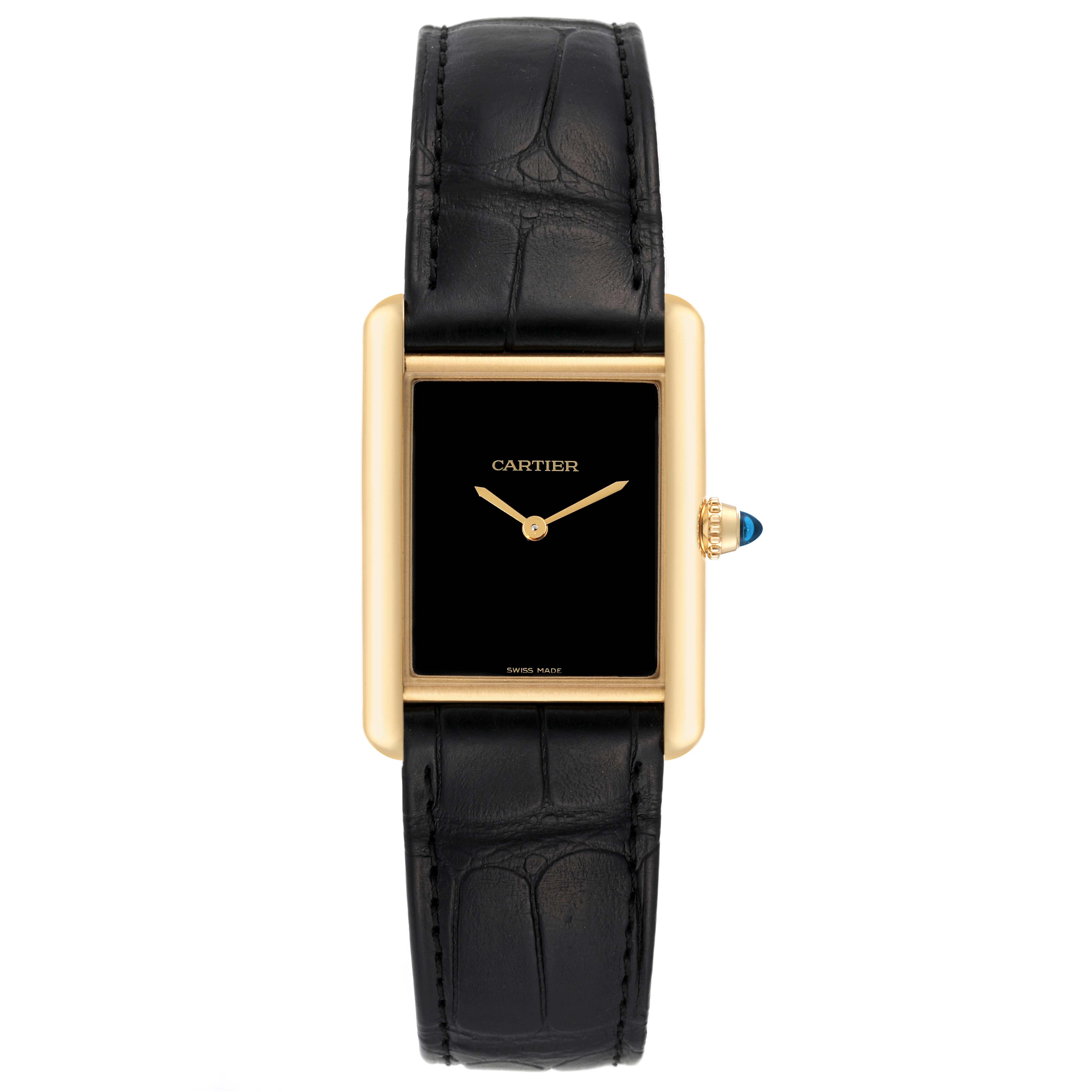 This image shows a Cartier Tank Louis WGTA0091 Men's Yellow Gold Black Dial WGTA0091 Men's Yellow Gold Black Dial watch from a top view, highlighting its rectangular case, black dial, gold hands, and black leather strap.