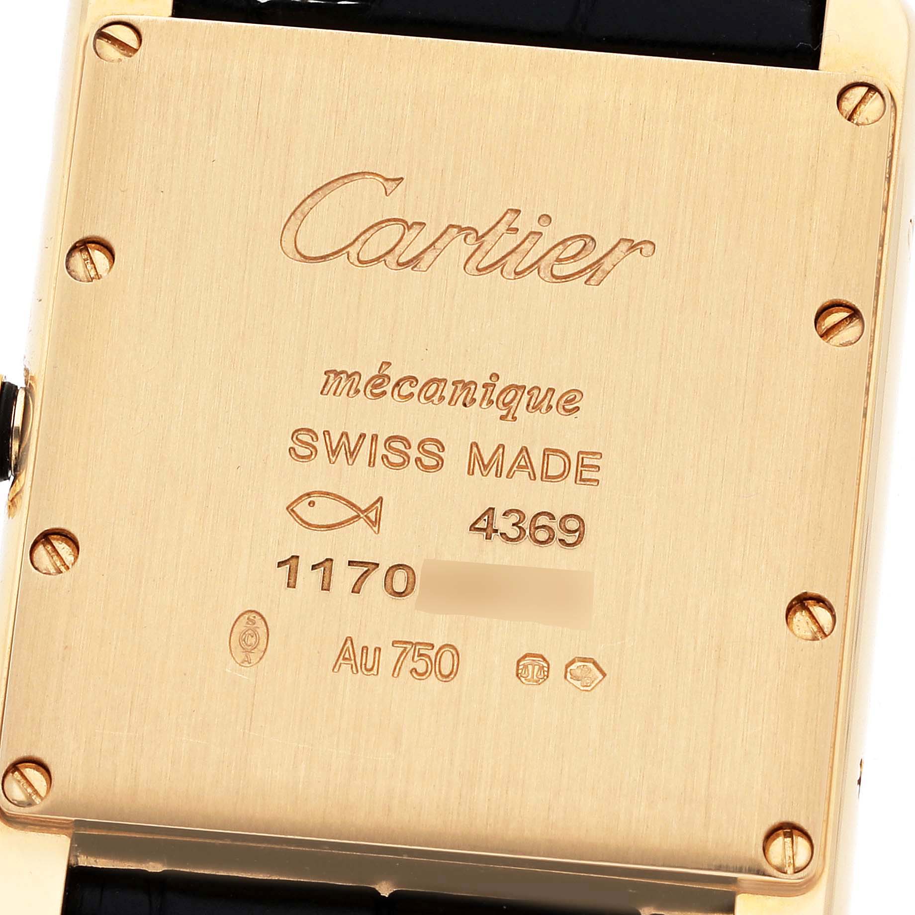 This image shows the back case of a Cartier Tank Louis WGTA0091 Men's Yellow Gold Black Dial WGTA0091 Men's Yellow Gold Black Dial watch, highlighting engravings and screws.