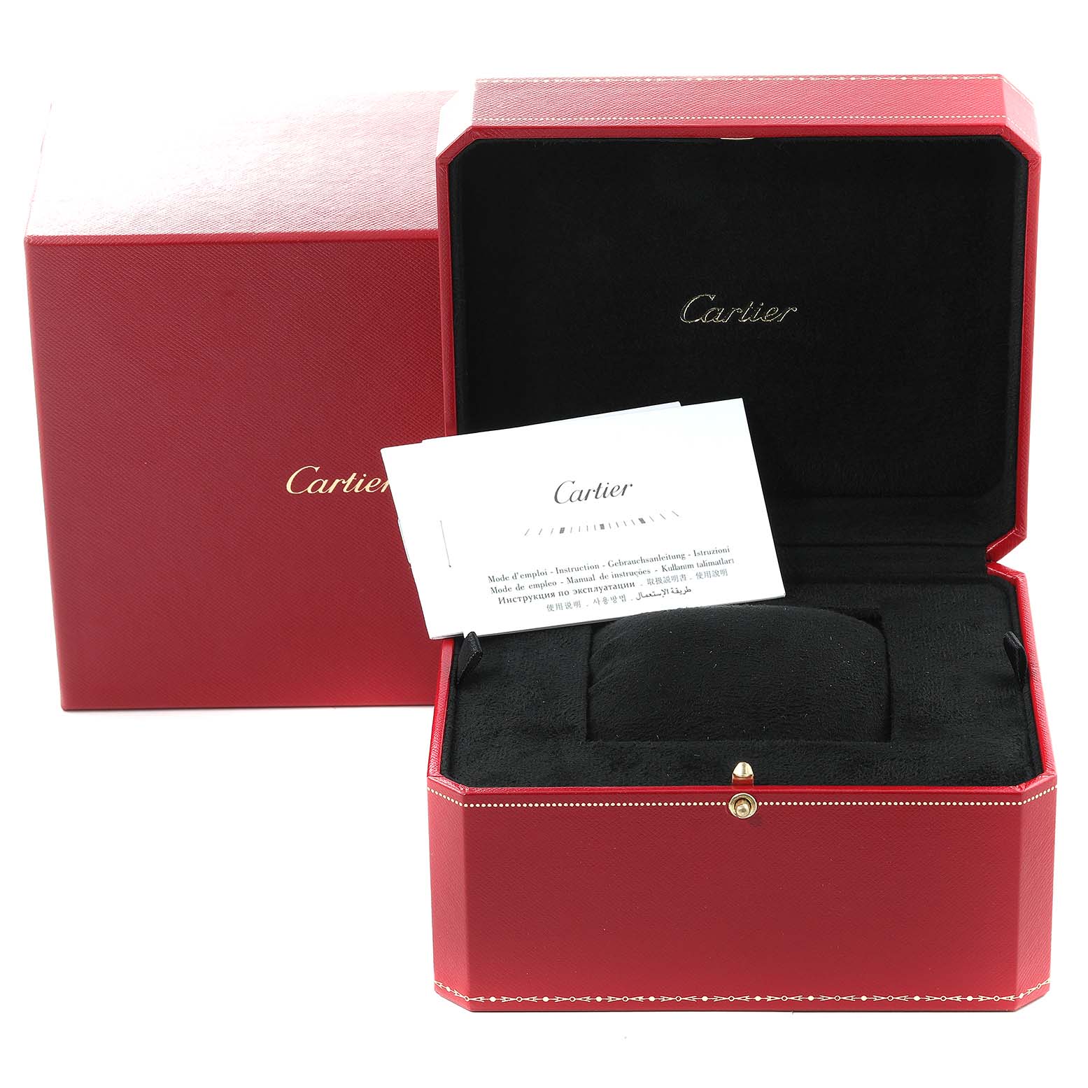 The image shows a Cartier Tank Louis WGTA0011 Men's Rose Gold Silver Dial WGTA0011 Men's Rose Gold Silver Dial watch box and documentation from a front angle, with the box open.