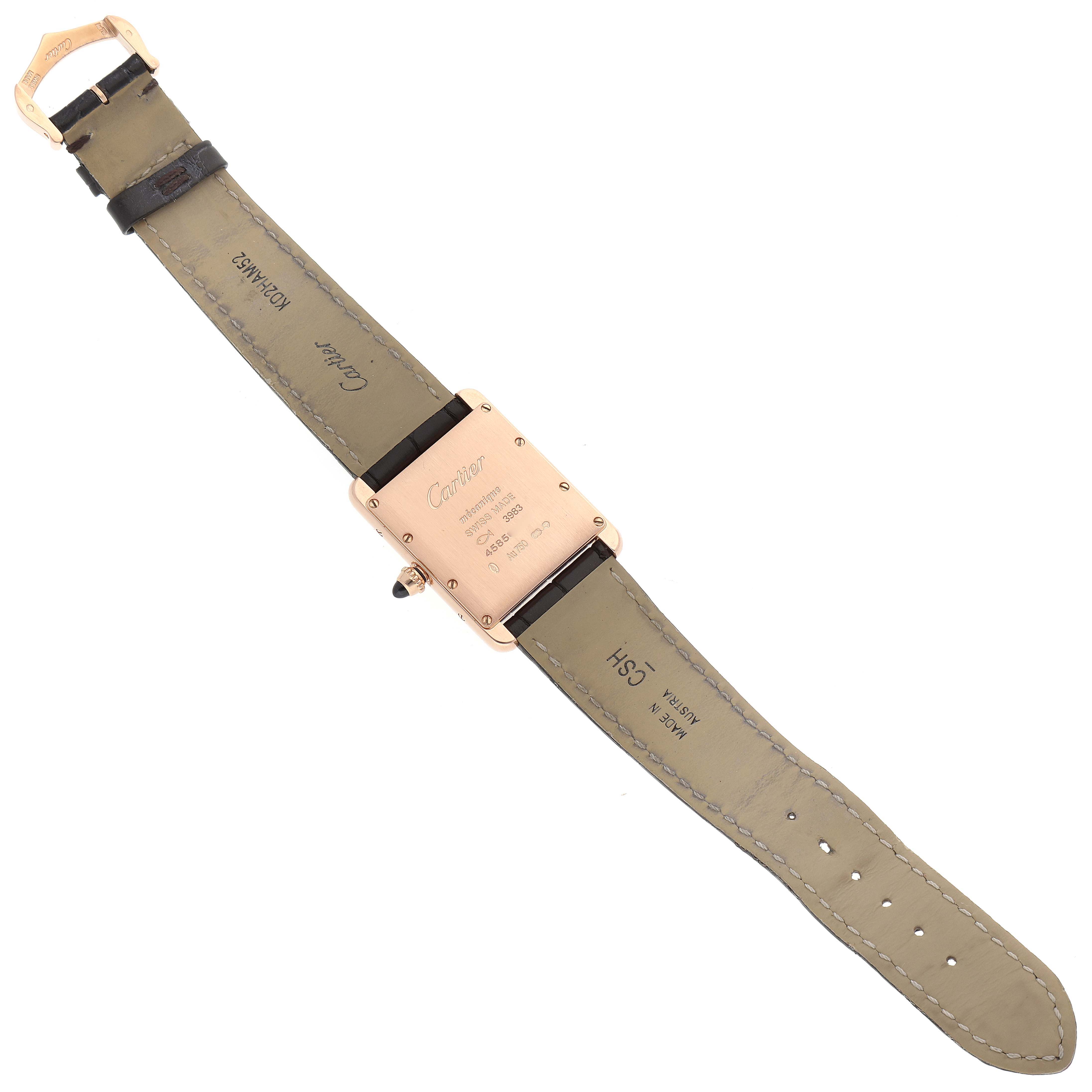 The image shows the back view of a Cartier Tank Louis WGTA0011 Men's Rose Gold Silver Dial WGTA0011 Men's Rose Gold Silver Dial watch, highlighting the watch's case back, straps, and buckle.